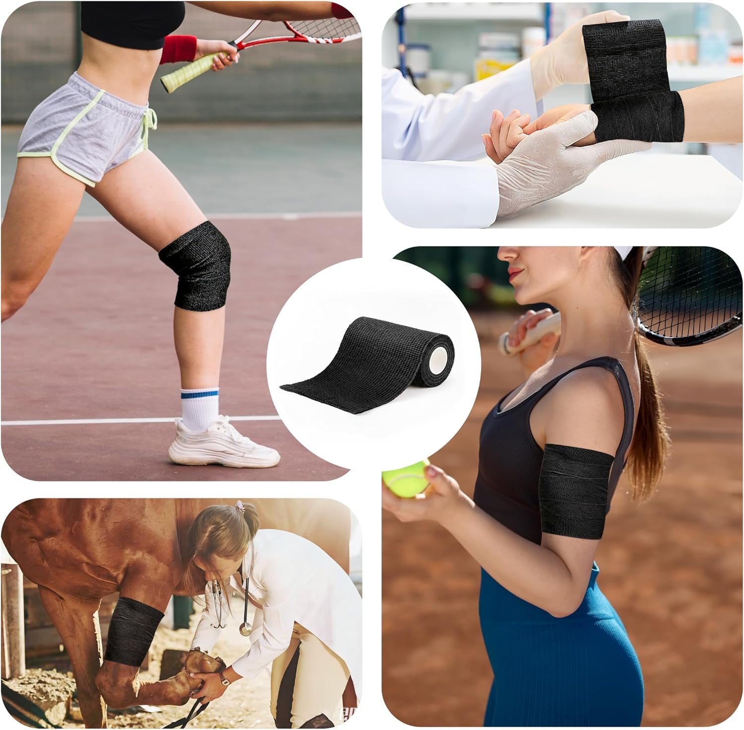 4" X 5Yd Self Adhesive Bandage Wrap Non-Woven Elastic Sports Tape | 8-Pack Medical Vet Wrap Cohesive Bandage Wrap Breathable, Waterproof, for Wrist Ankle Tattoo Grip, Black