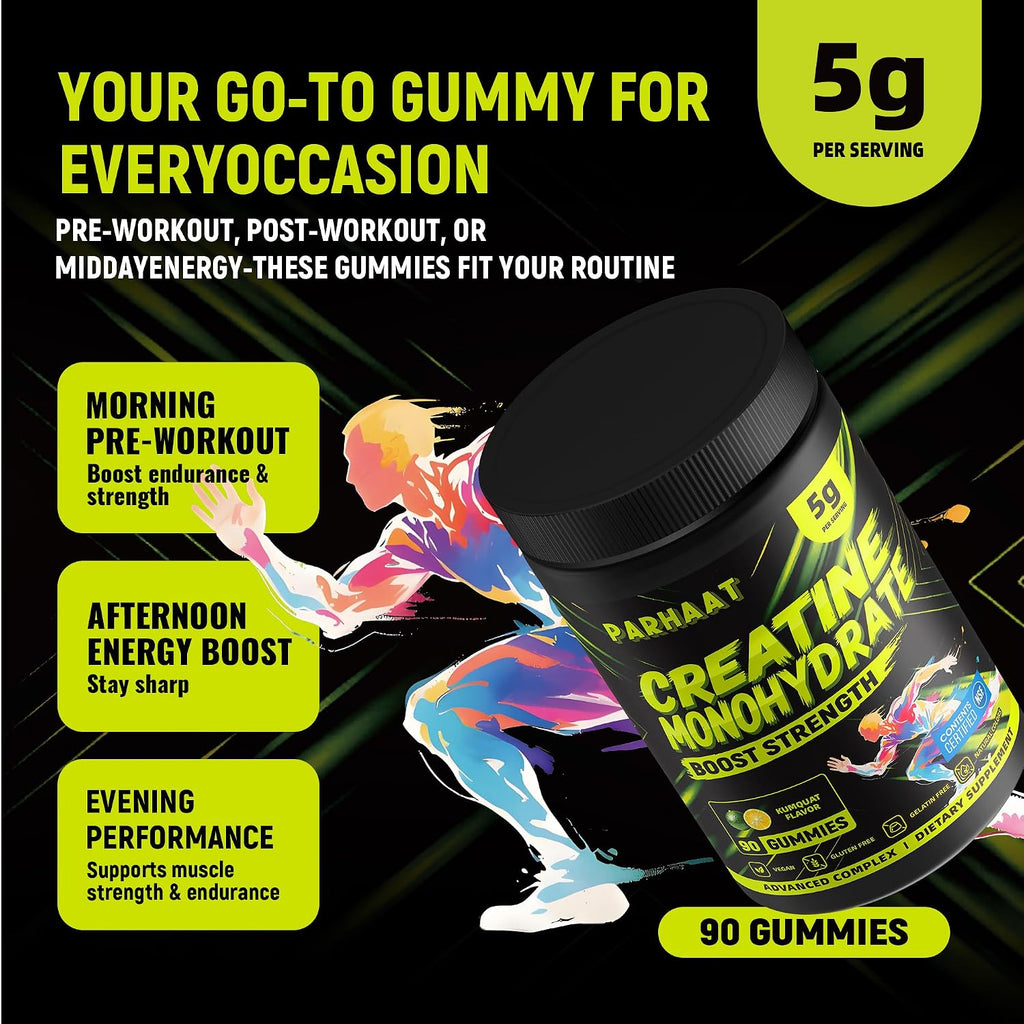 NSF Certified Creatine Gummy - Creatine Monohydrate Gummies 5G for Men & Women - Boost Focus,Strength, and Endurance, Vegan, Gluten-Free, Non-Gmo, 2.5 Gram Creatine per Gummy (Kumquat 90 Ct)