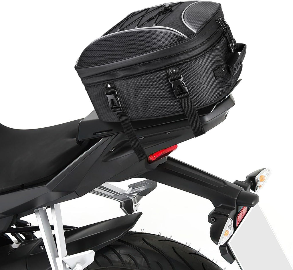 Motorcycle Tail Bag, Dual Use Motorcycle Rear Seat Bag with Waterproof Rain Cover, 22L-34L Expandable Motorbike Helmet Bag Luggage Storage Backpack with 6 Straps