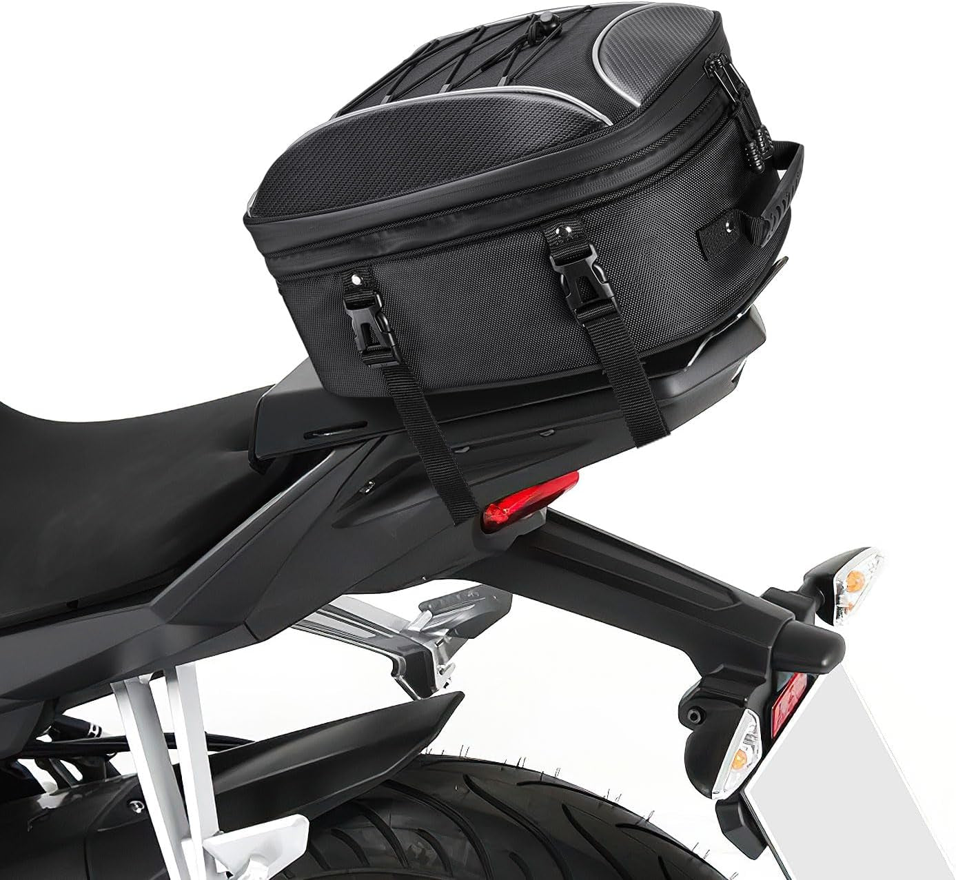 Motorcycle Tail Bag, Dual Use Motorcycle Rear Seat Bag with Waterproof Rain Cover, 22L-34L Expandable Motorbike Helmet Bag Luggage Storage Backpack with 6 Straps