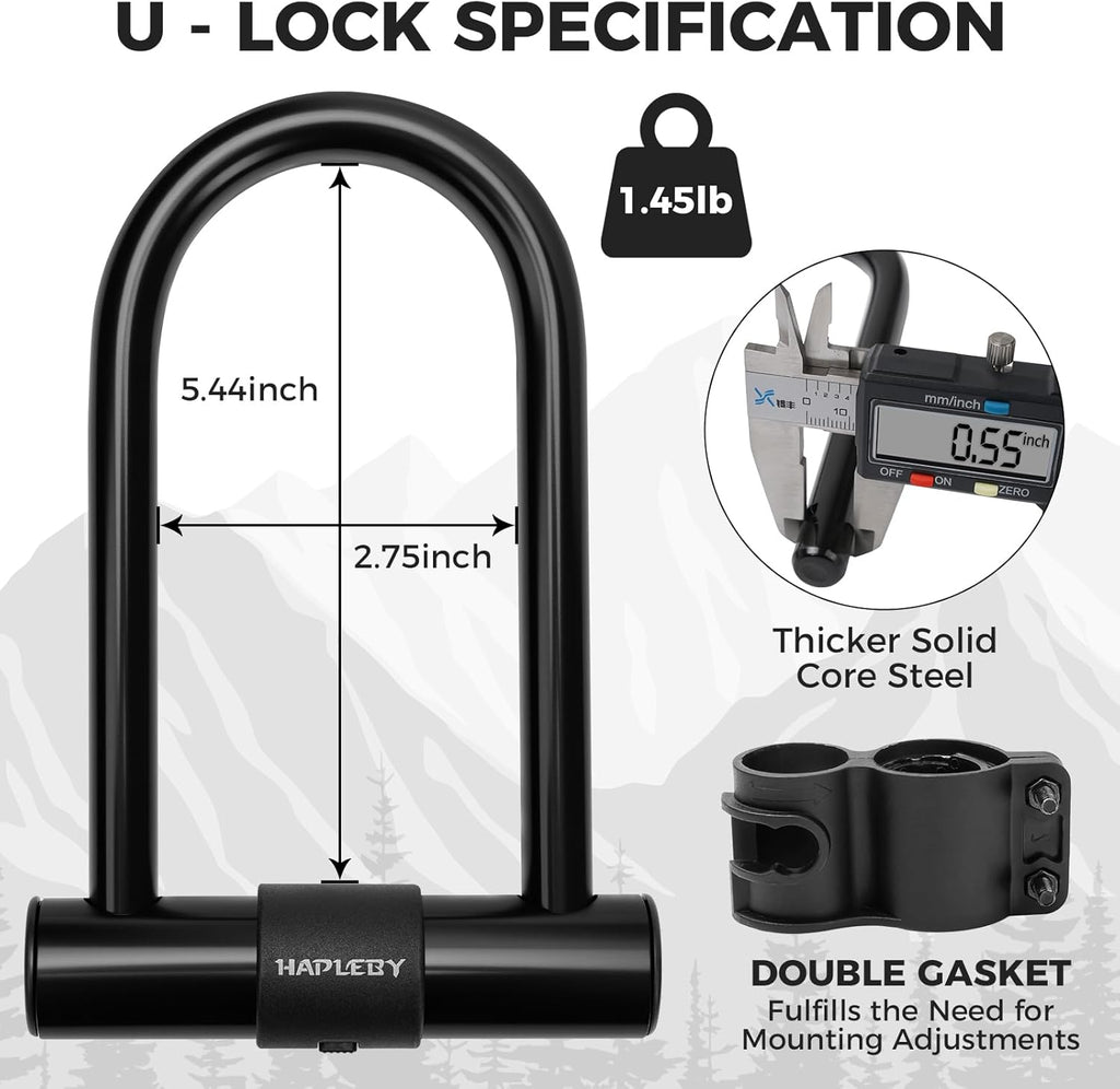 Premium Bike Lock Set with 2 Keys, Bike U-Lock with 6 Feet Thickened Solid Steel Cable, Heavy Duty anti Theft Bicycle U-Lock with Mounting Bracket for Road, Mountain, Folding Bike and Scooter