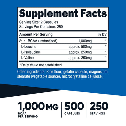 Nutricost BCAA Capsules 2:1:1 500Mg, 500 Capsules