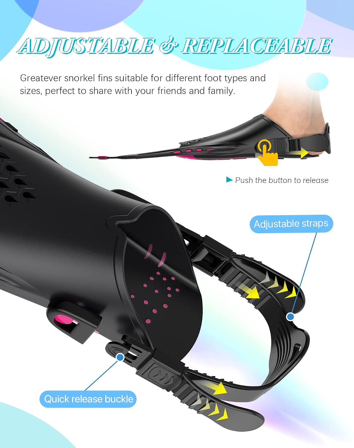 Snorkel Fins, Travel Size Short Flippers for Snorkel Swim Diving | Adjustable Swim Fins Flexible Open Heel Lightweight Scuba Diving Fins for Adult Men Women Kids Ideal for Recreational Use