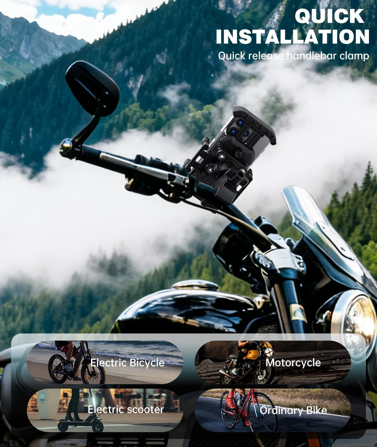 Bike Phone Holder for Handlebar, Motorcycle Phone Mount, Shock Absorbing Anti-Shake Phone Mount for Bike Scooter Motorcycle, Fits Iphone, Samsung, 4.7-7.2 Inch Smartphones