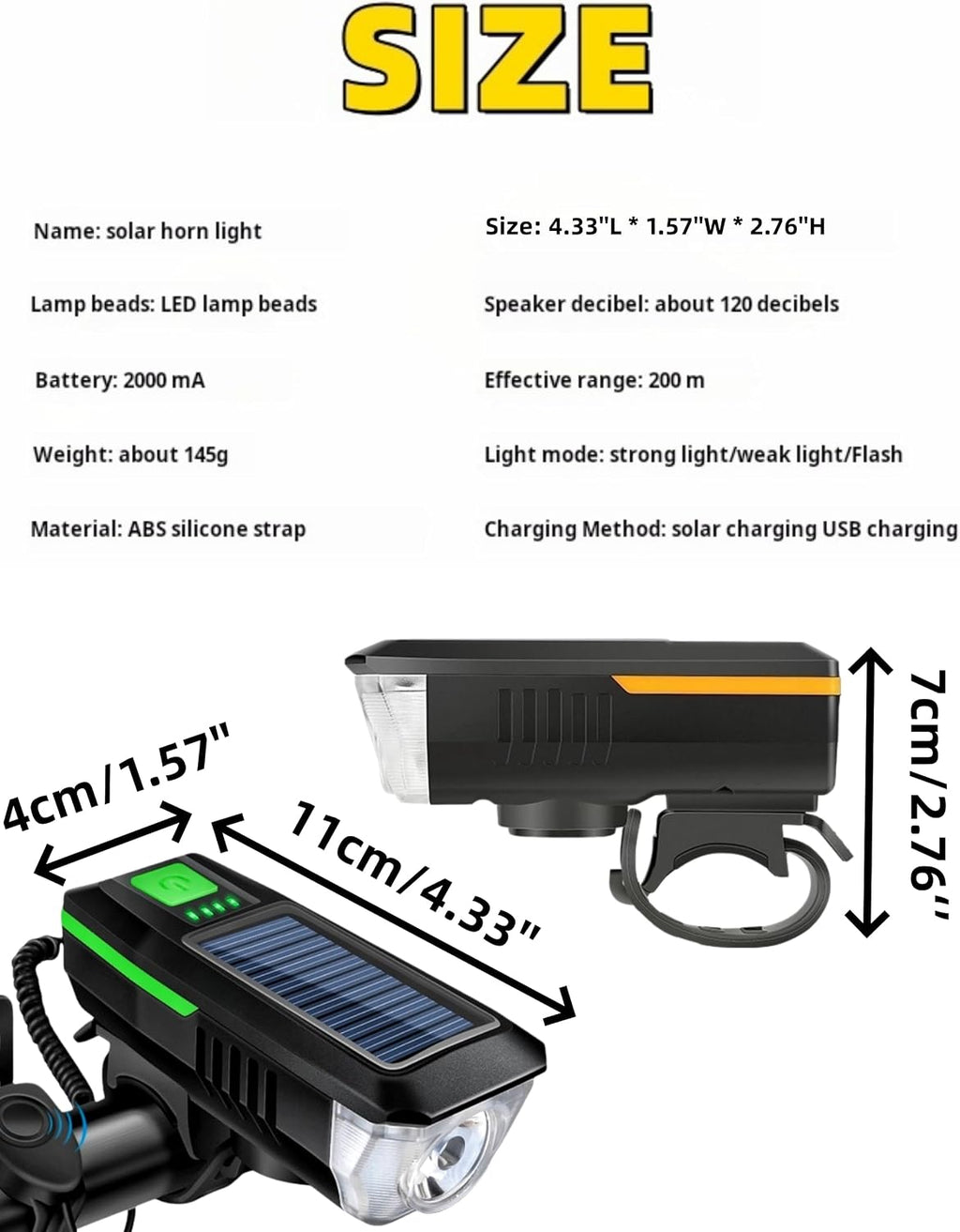 Multi-Functional Solar-Powered and USB Rechargeable Mountain Bike Night Cycling High Brightness Bike Front Light and 120Db Horn Bicycle Charging Light