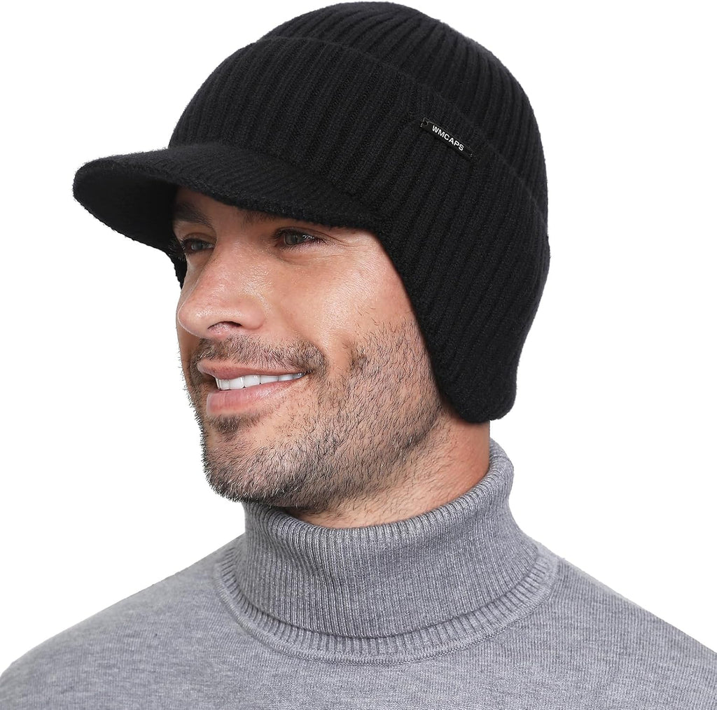 Winter Beanie with Brim & Ear Flaps, Fleece Lined Hat for Men Women | Ultra Soft Warm Extended Fleece, Stretchy Fit, Shields Sun/Rain/Snow, Cold Weather Gifts for Golf, Hiking, Daily Outdoor Work