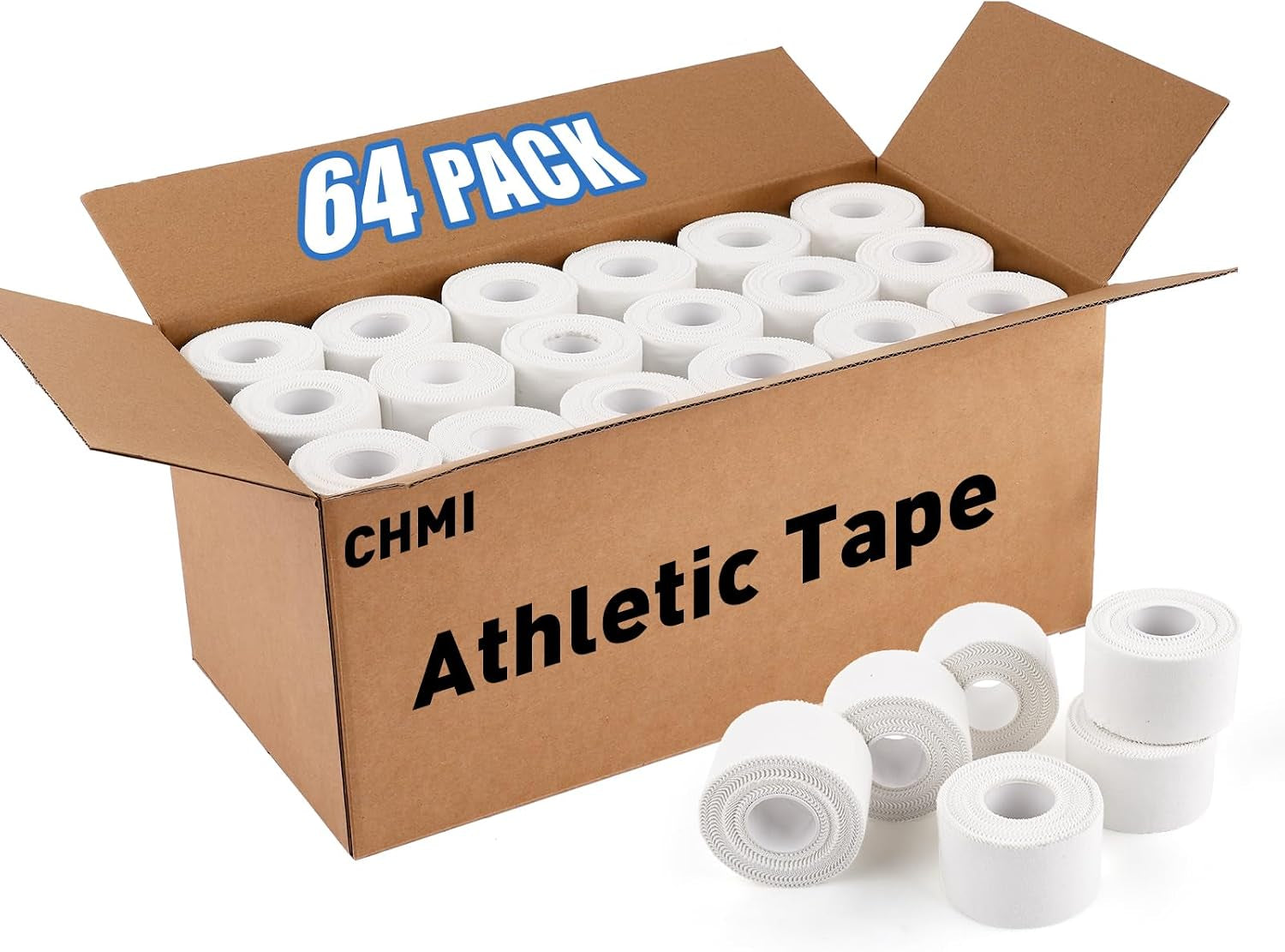 Athletic Tape,White Sports Tape (64 Pack), 640 Yards Rolls Very Strong Easy Tear NO Sticky Residue Best Tape for Gymnastics Climbing Bat Injuries Medical (1.5 Inch X 640 Yards).