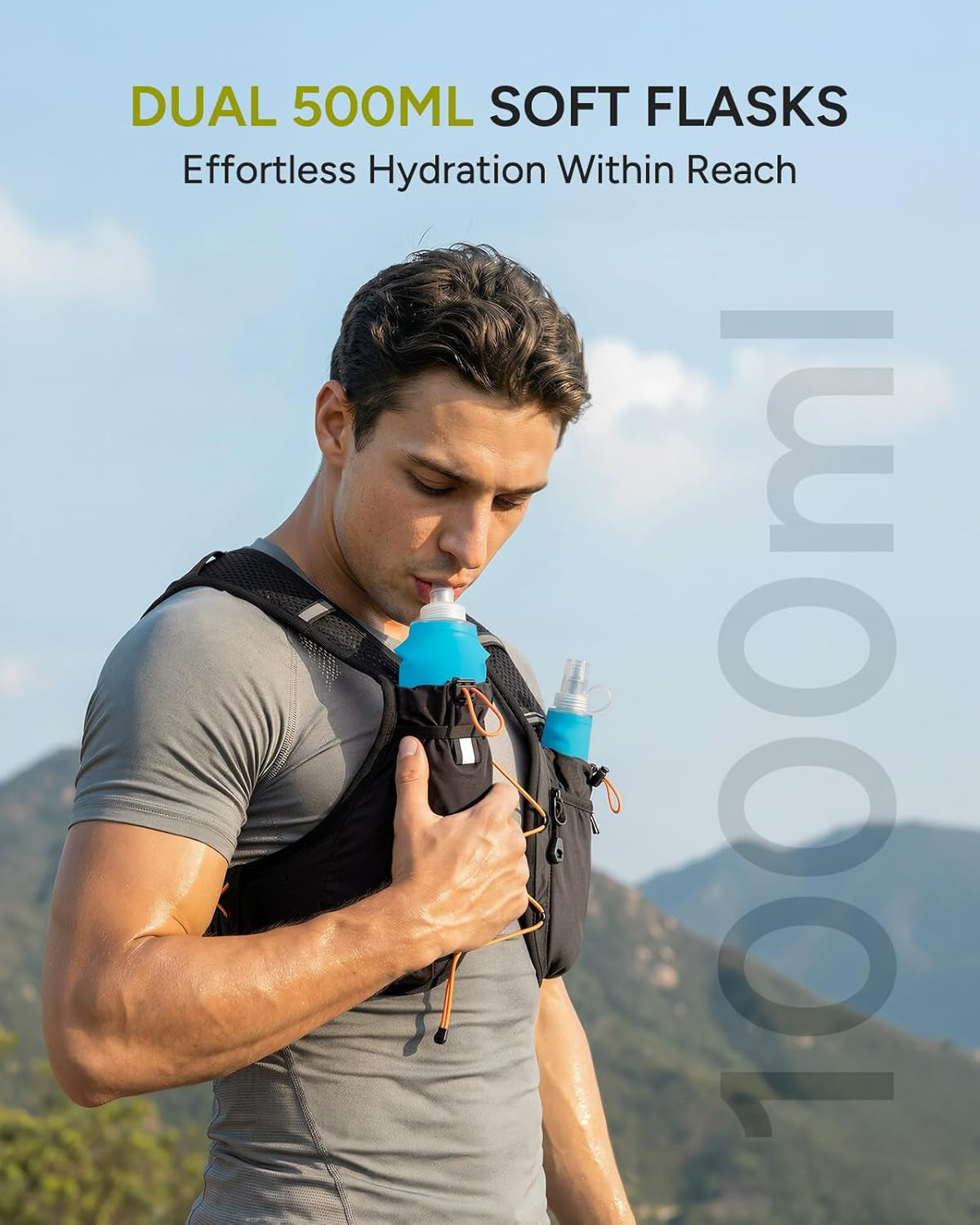 Running Vest for Women Men, 2PCS 500Ml Soft Flasks, Adjustable Chest Waist Fit, Multi-Pockets, Lightweight Breathable Reflective Hydration Backpack for Running, Trail, Cycling, Hiking