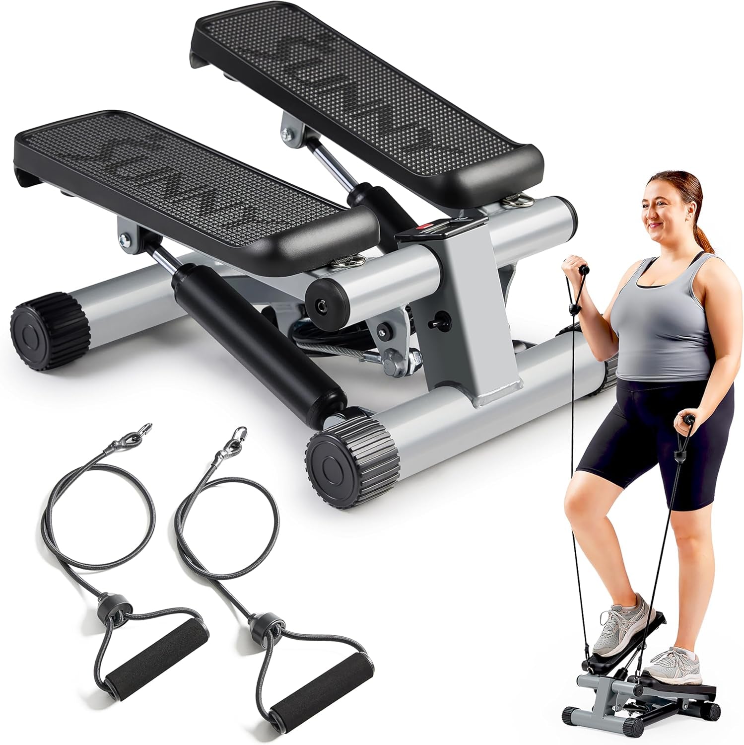 Mini Stair Stepper W/Resistance Bands for Home Gym | Full Body Cardio, Adjustable Step Height, Hydraulic Resistance, LCD Meter, No Assembly, 300 Lb Capacity, Sunnyfit App