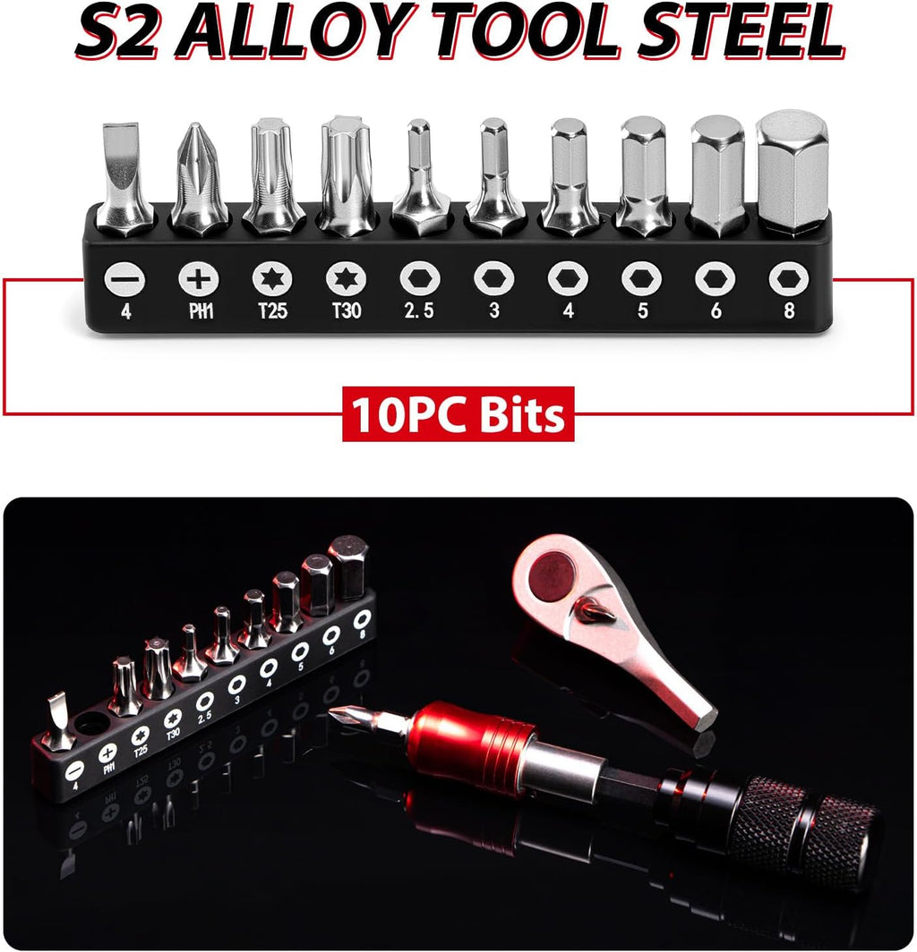 Bike Repair Tool Kit with Mini Pump & 10 Magnetic Bits - Alloy Multitool for Bicycle, MTB, Road Cycling - Portable Multifunction Tool Set Include Tire Inflator for Presta/Schrader Valves