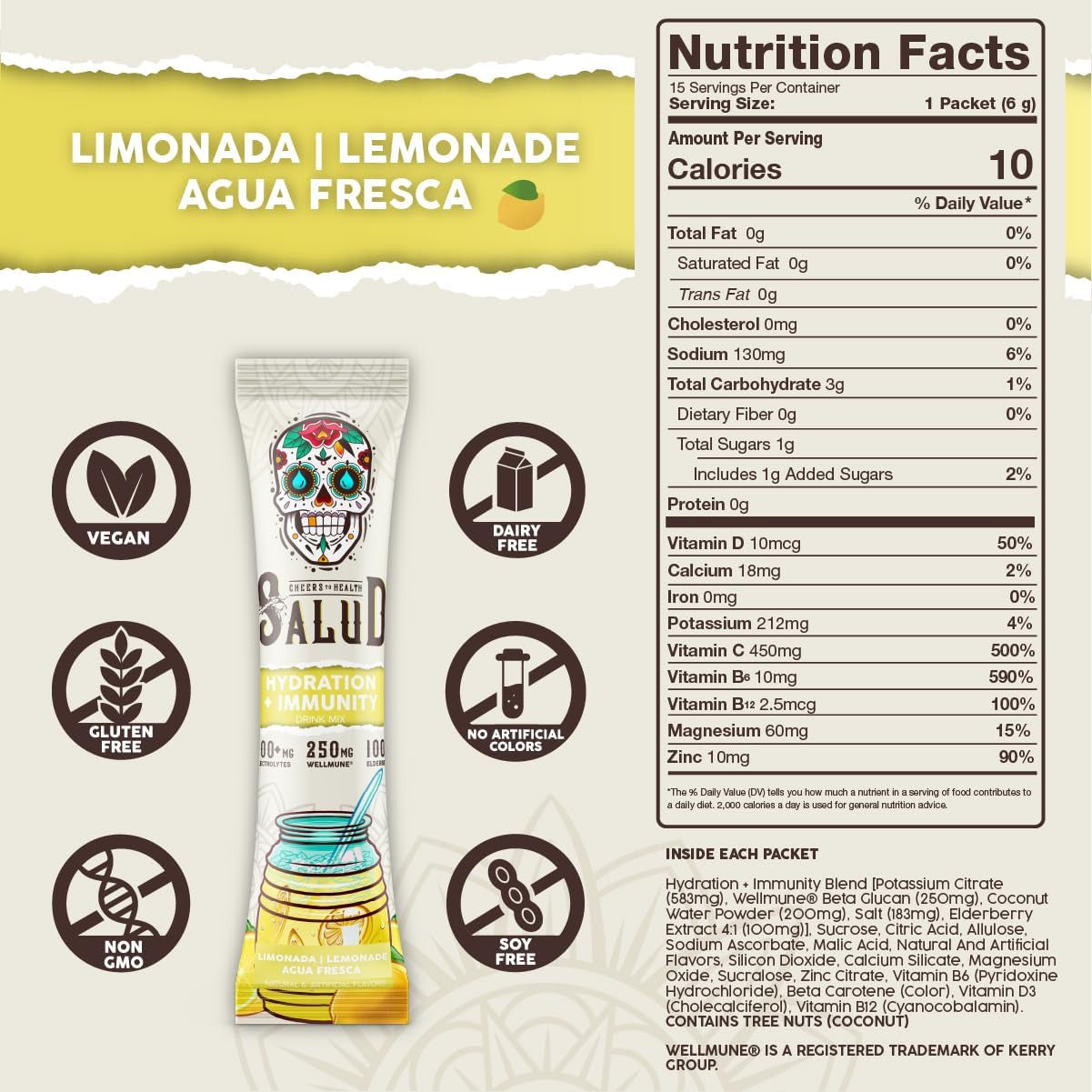 Salud 2-In-1 Hydration + Immunity Drink Mix, Lemonade | Electrolytes Powder, Agua Fresca, Elderberry, Dairy & Soy Free, Non-Gmo, Gluten Free, Vegan, 1G Sugar (15 Servings)