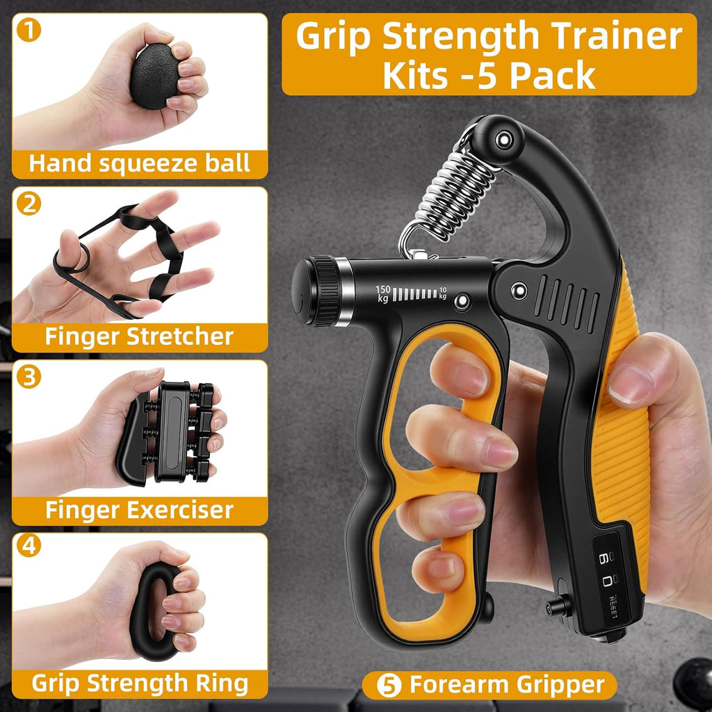 Grip Strength Trainer Kit with Mechanical Counter, 5 Pack Hand Gripper Strengthener Adjustable Resistance, Forearm Strengthener, Finger Exerciser, Wrist Strengthener, Hand Exercisers for Strength, Therapy & Rehab