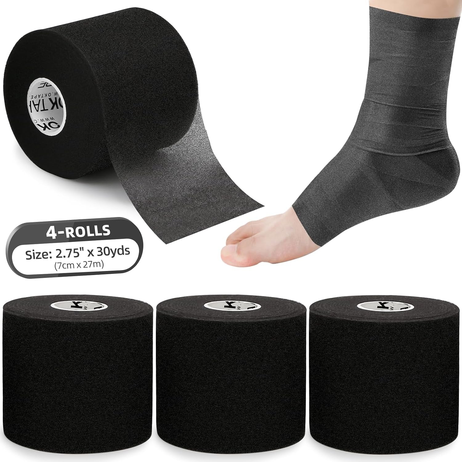 Pre Wrap Tape 4-Rolls 120 Yds Athletic Foam Underwrap for Sports | Soft, Breathable, Skin-Friendly and Latex-Free, Protect for Ankles Wrists Hands and Knees, 2.75 Inches - Black
