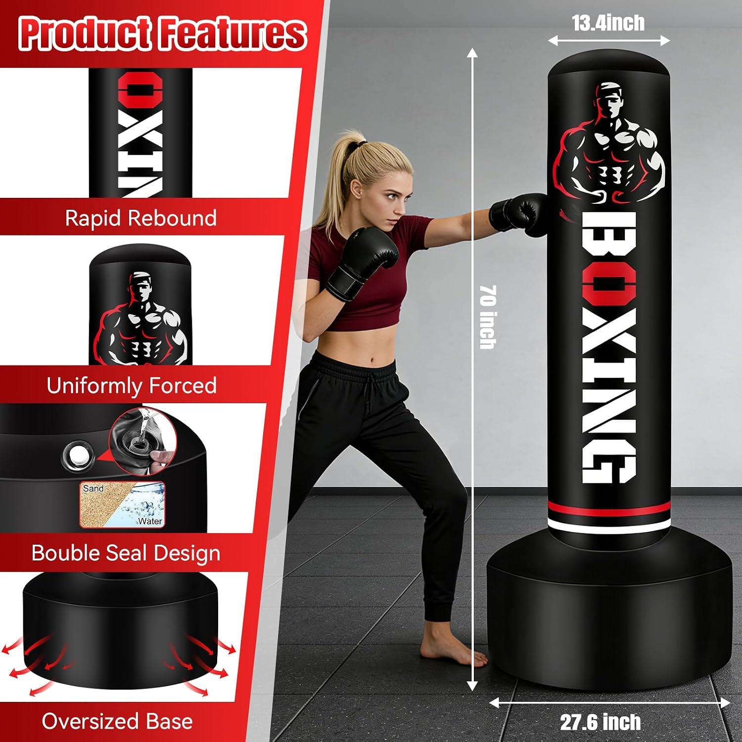 Heavy Freestanding Punching Bag for Adults Teens, 70" Boxing Bag with Stand | Kickboxing Bags Heavy Bag, Women Men Heavy Boxing Bag for Beginners Training MMA Karate Muay Thai Fitness
