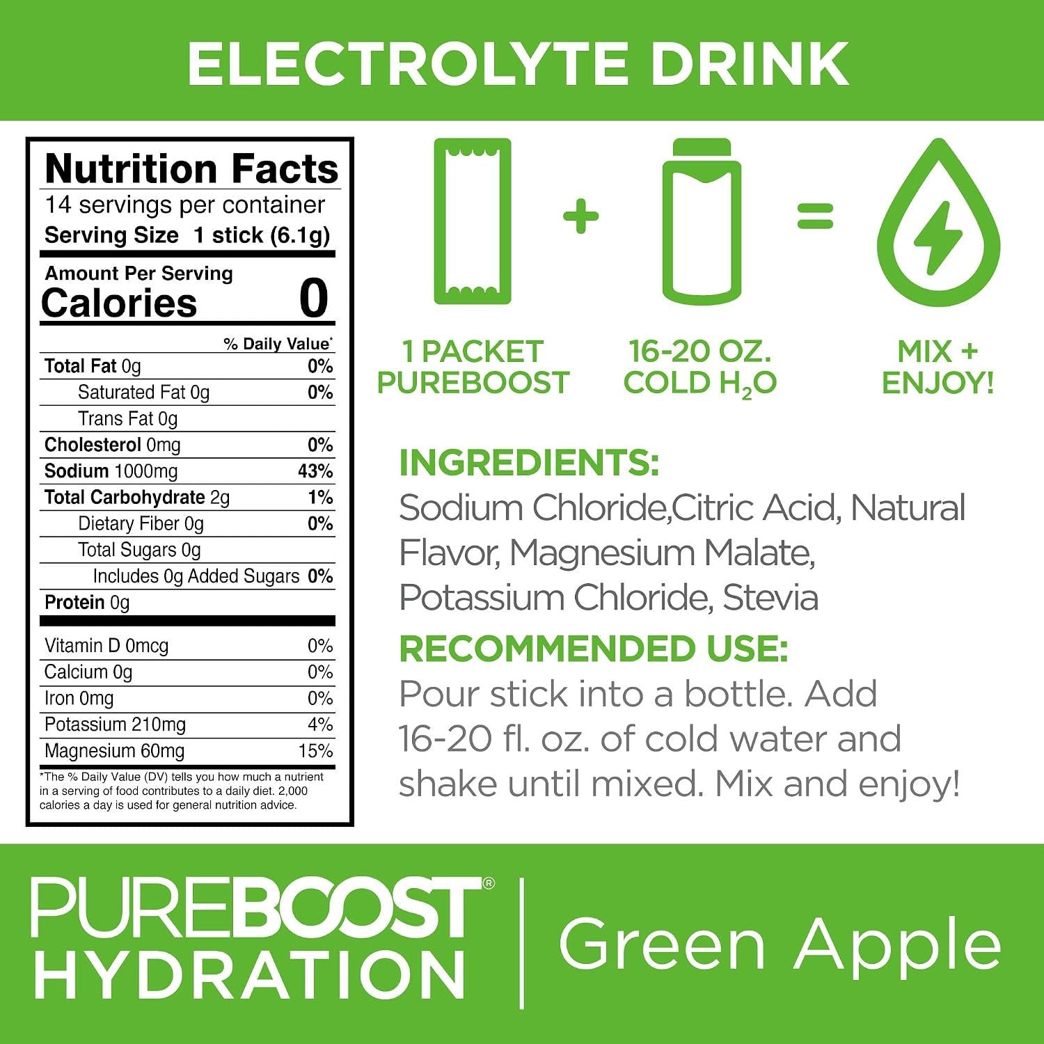 Sugar-Free Electrolyte Hydration Packets, Green Apple 14Ct | Zero Calories, Fast Hydration Drink Mix with 1,000Mg Sodium, Potassium & Magnesium