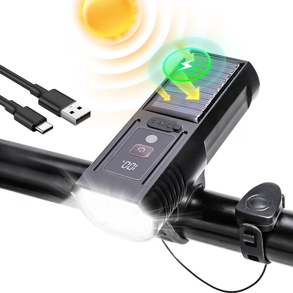 Solar Bike Lights, 3000LM Night Ultra Bright Bicycle Lights Headlight with Electric Bell, Rechargeable Bike Lights, Easy Install Waterproof
