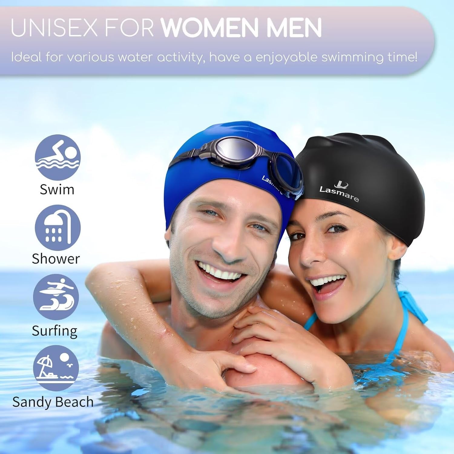 Long Hair Swim Cap for Women 2 Pack, Silicone Swimming Caps for Unisex Adult Women Men with Ear Plugs & Nose Clip Set, Waterproof Adult Swim Hats Bathing Caps to Keep Hair Dry