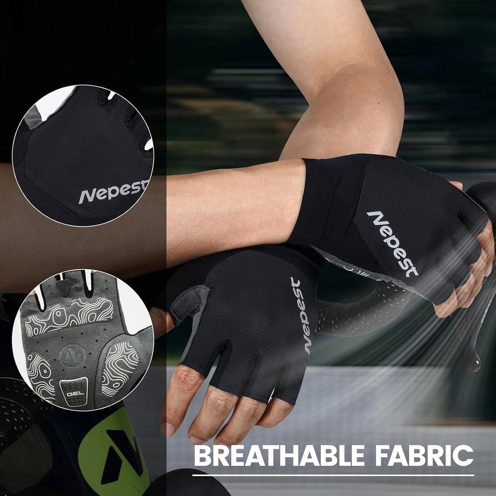 Road Cycling Gloves for Men Women Padded Absorbing Fingerless Biking | Bicycle Glove, Lightweight, Anti-Slip Silicone Pattern, Shock-Absorbing, Pull Tabs Design, Easy to Take Off, Moisture Wicking