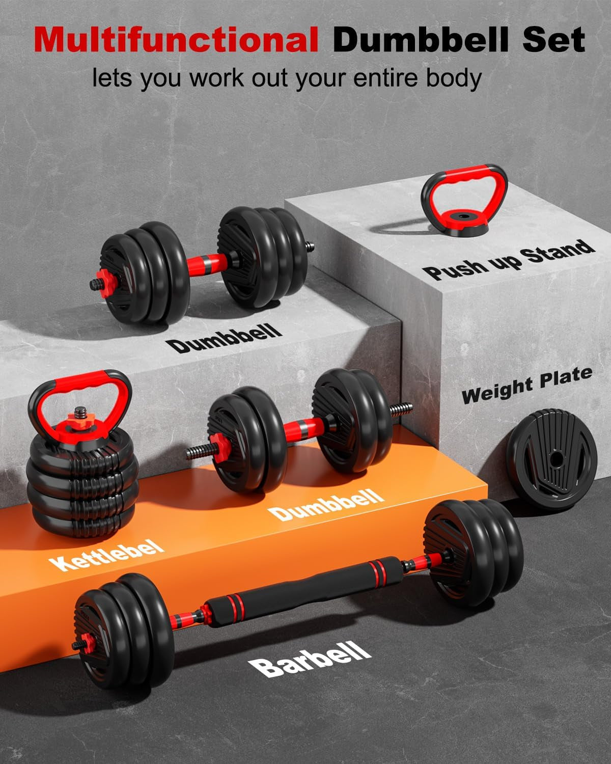 Adjustable Dumbbell Set,20/30/45/70/90Lbs Free Weight Set | 5 In1 Dumbbell Set with Connector,Used as Barbell,Kettlebells,Push up Stand,Fitness Exercises for Home Gym Suitable Men/Women