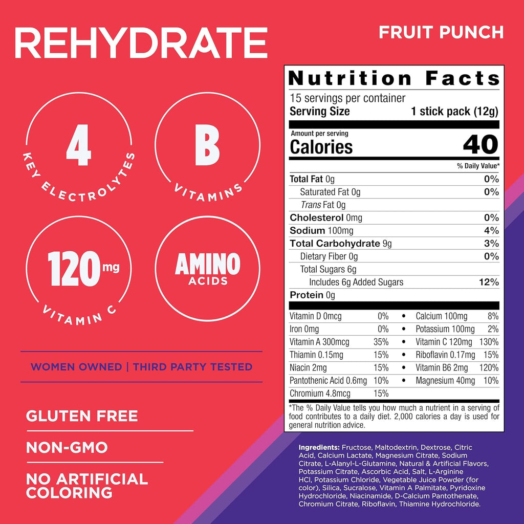 Rehydrate Electrolyte Drink Mix, Fruit Punch, 15 Sticks | Contains Magnesium, Sodium, Potassium & Calcium, Antioxidant and Amino Acid Fortified Powder for Hydration and Recovery