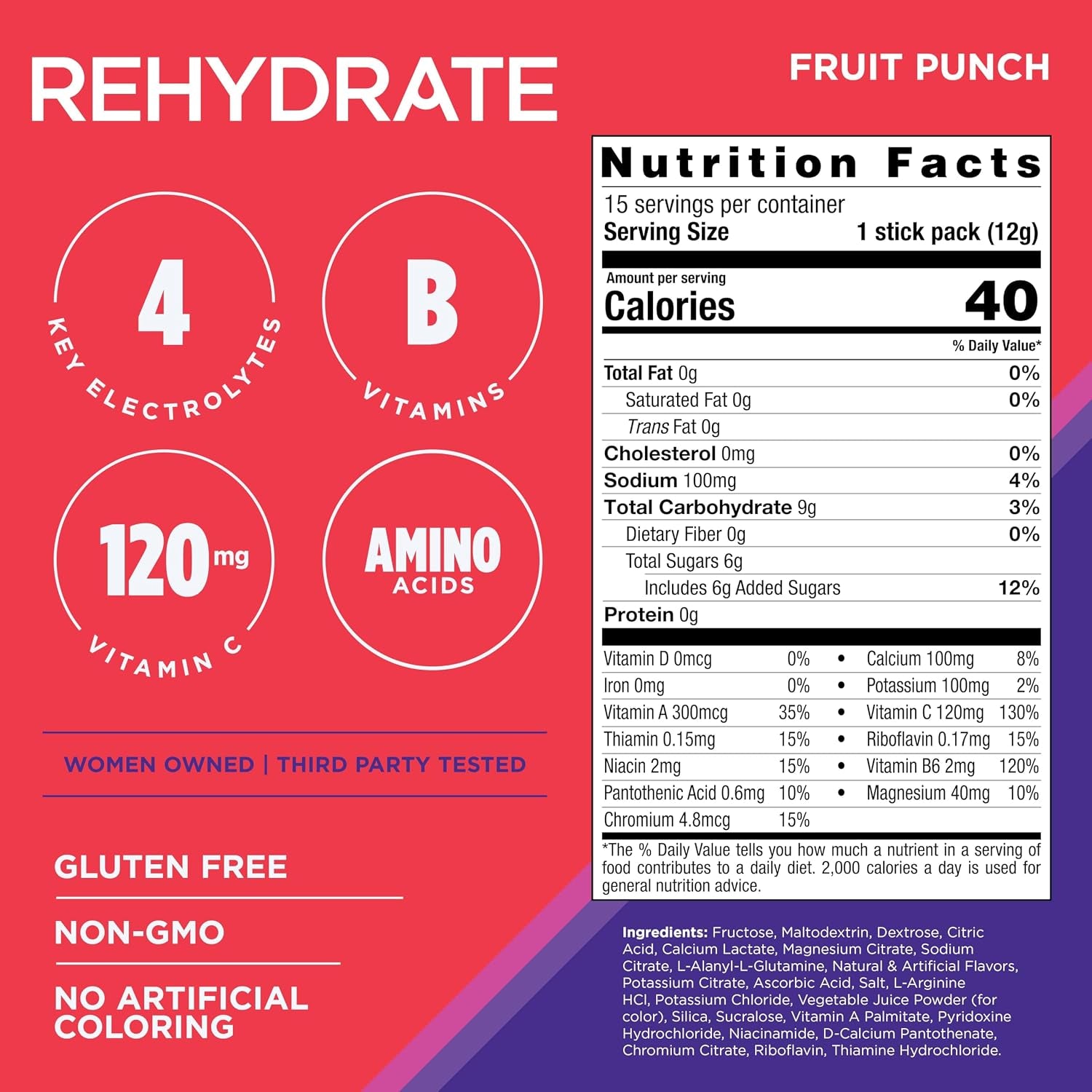 Rehydrate Electrolyte Drink Mix, Fruit Punch, 15 Sticks | Contains Magnesium, Sodium, Potassium & Calcium, Antioxidant and Amino Acid Fortified Powder for Hydration and Recovery