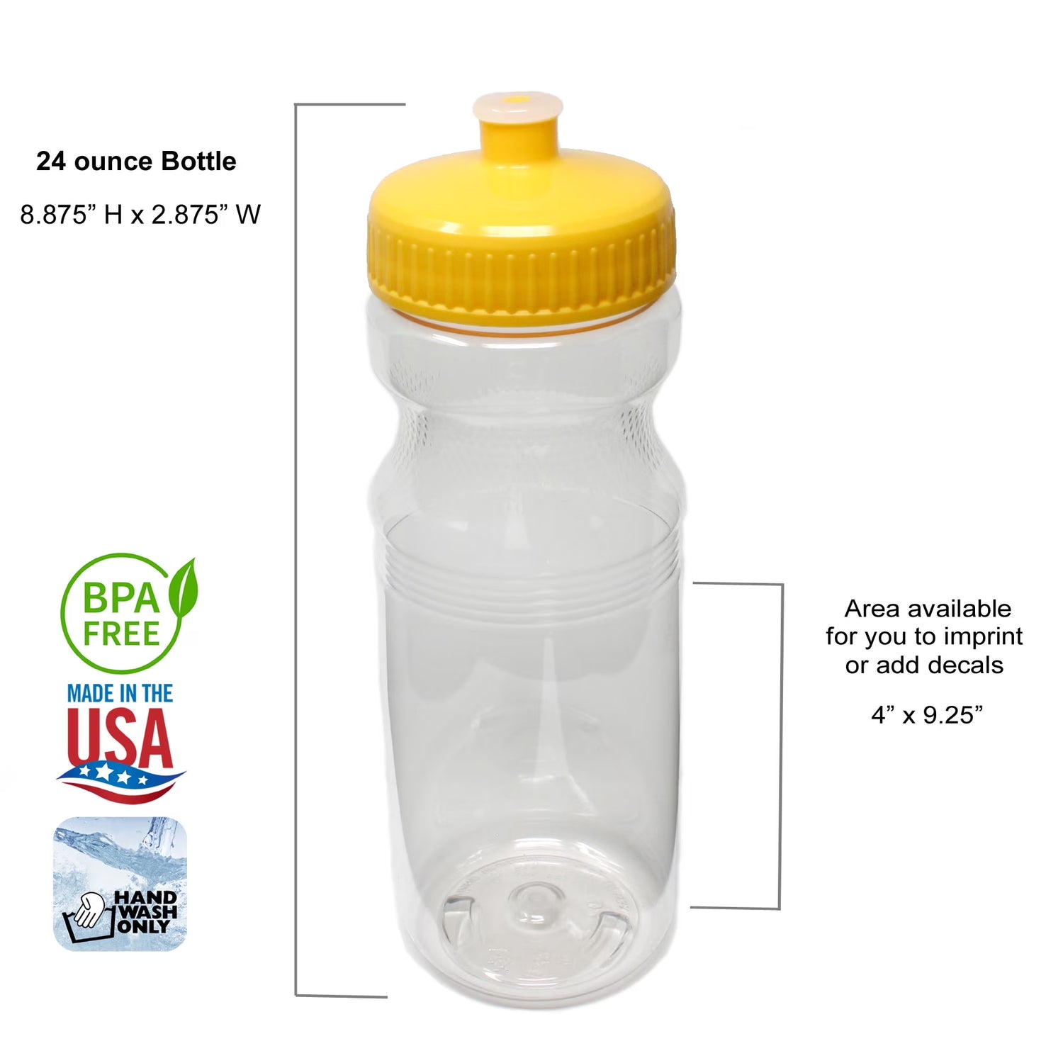 Bpa-Free 24 Fluid Ounce Clear/Yellow Sports Water Bottles, Bulk 30 Pack, Made in USA