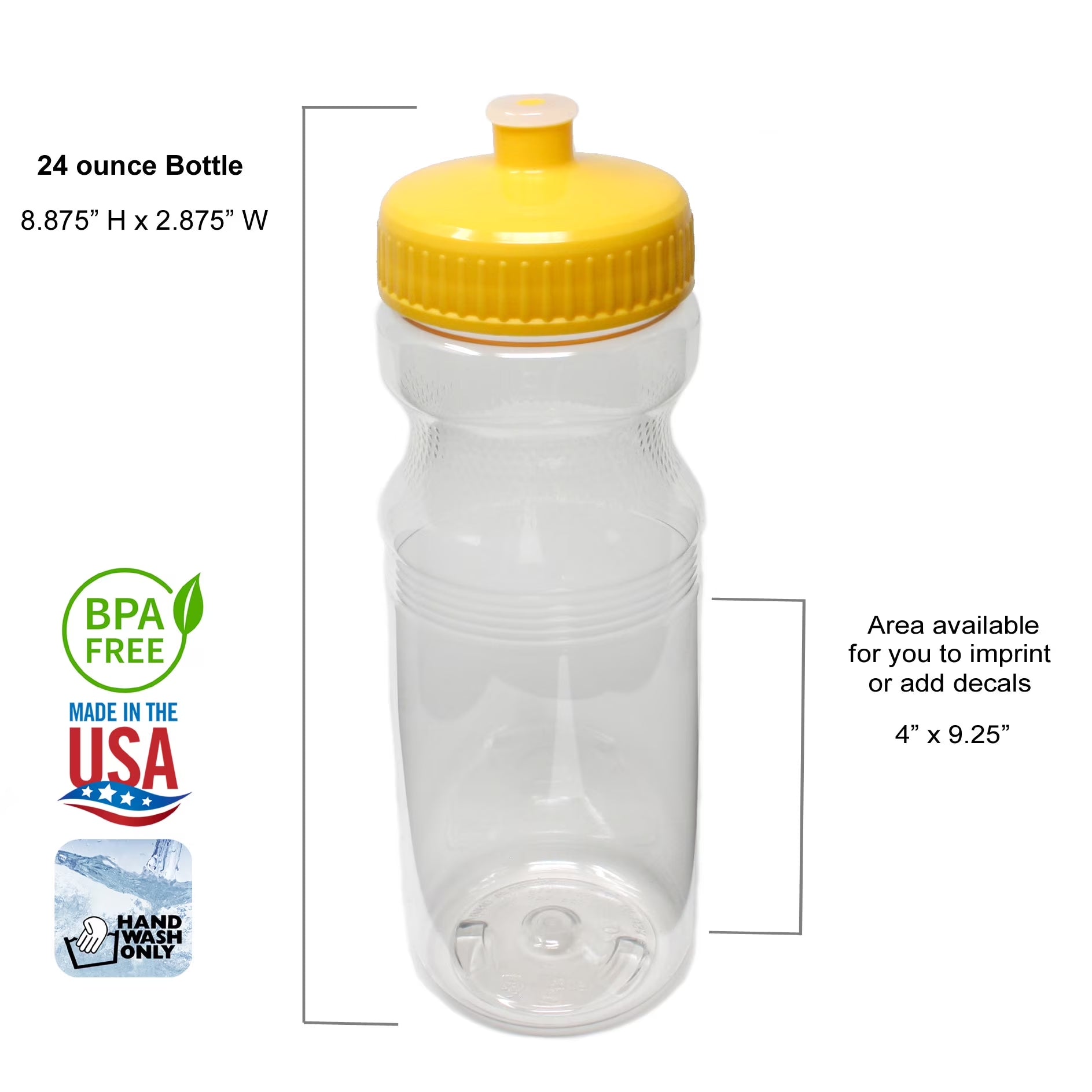 Bpa-Free 24 Fluid Ounce Clear/Yellow Sports Water Bottles, Bulk 30 Pack, Made in USA