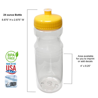 Bpa-Free 24 Fluid Ounce Clear/Yellow Sports Water Bottles, Bulk 30 Pack, Made in USA