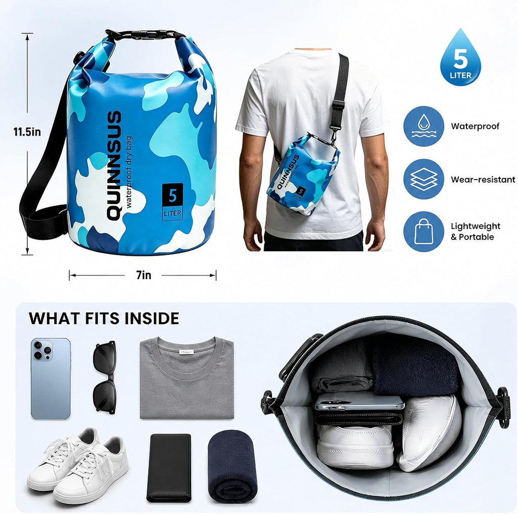 Waterproof Dry Bag Backpack 5L – Roll Top Floating Sack Keeps Gear Dry for Kayaking, Boating, Fishing, Camping, Swimming & Hiking, Beach Accessories Blue Camo