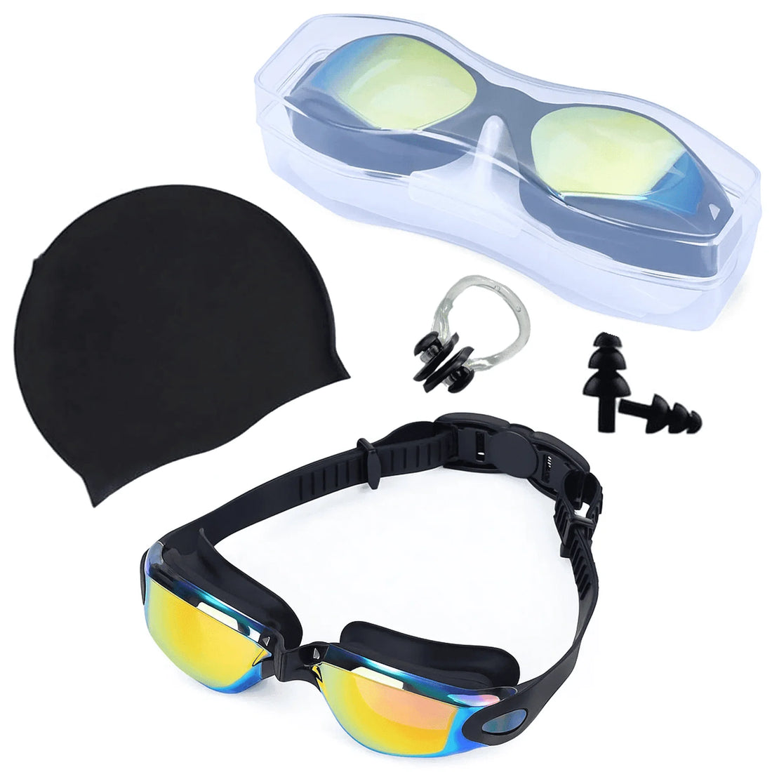 Swim Goggles and Swim Cap, anti Fog UV Protection Swimming Goggle No Leaking, with Nose Clip, Ear Plugs, Goggles Case, Suitable for Men, Women