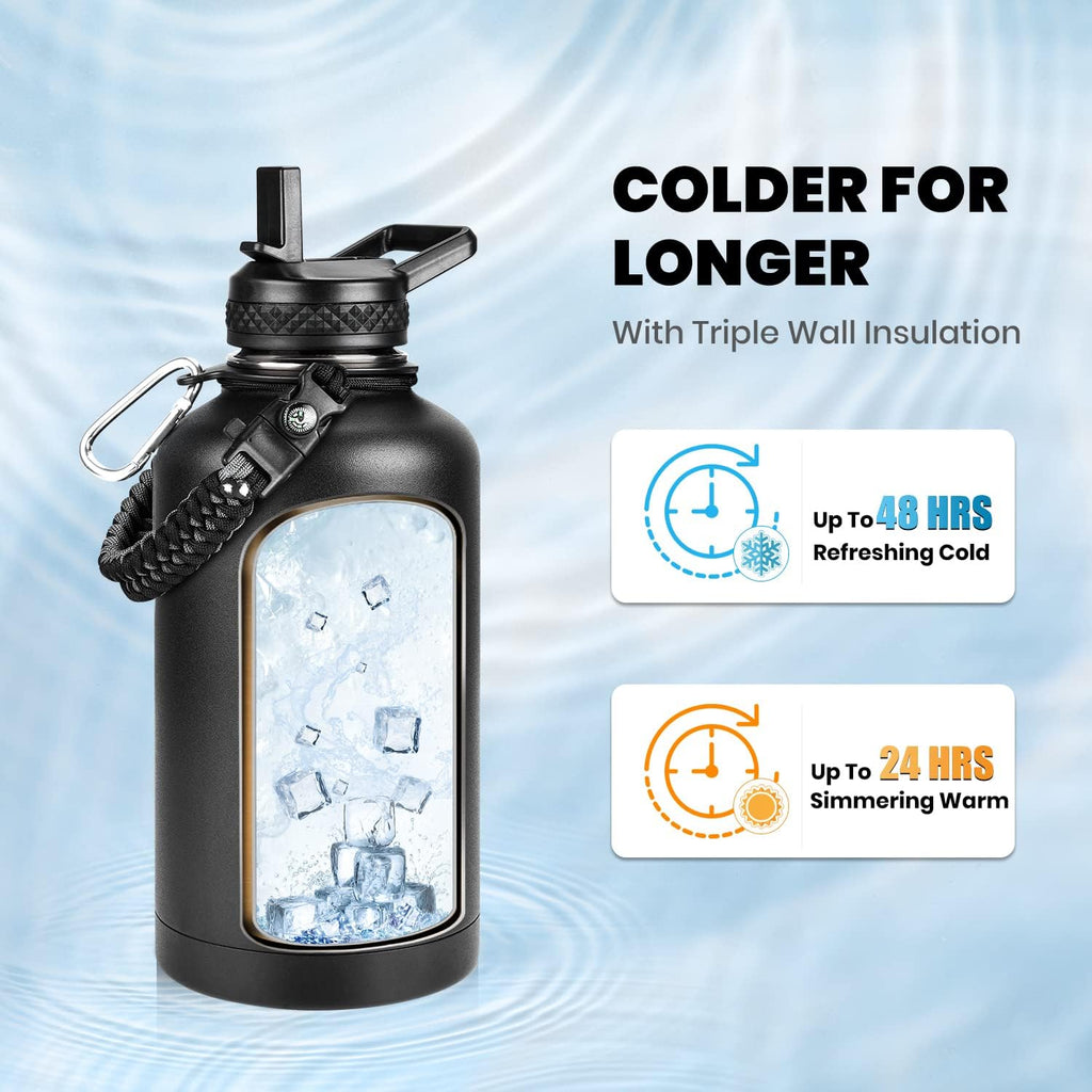 Insulated Water Bottle 64 Oz, Triple Wall Vacuum Stainless Steel | (Cold for 48 Hrs), Leak Proof & Non-Bpa, Half Gallon Water Flask Jug with Paracord Handle & Straw Spout Lids