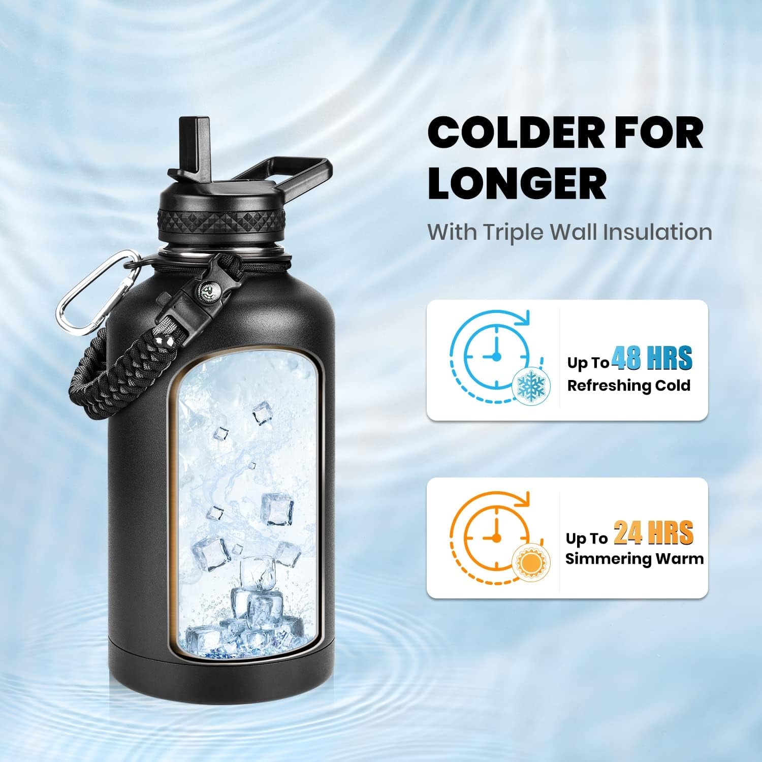 Insulated Water Bottle 64 Oz, Triple Wall Vacuum Stainless Steel | (Cold for 48 Hrs), Leak Proof & Non-Bpa, Half Gallon Water Flask Jug with Paracord Handle & Straw Spout Lids