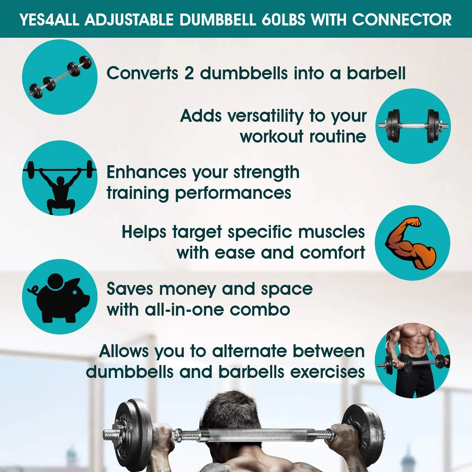Adjustable Dumbbell, 60 Lbs with Connector