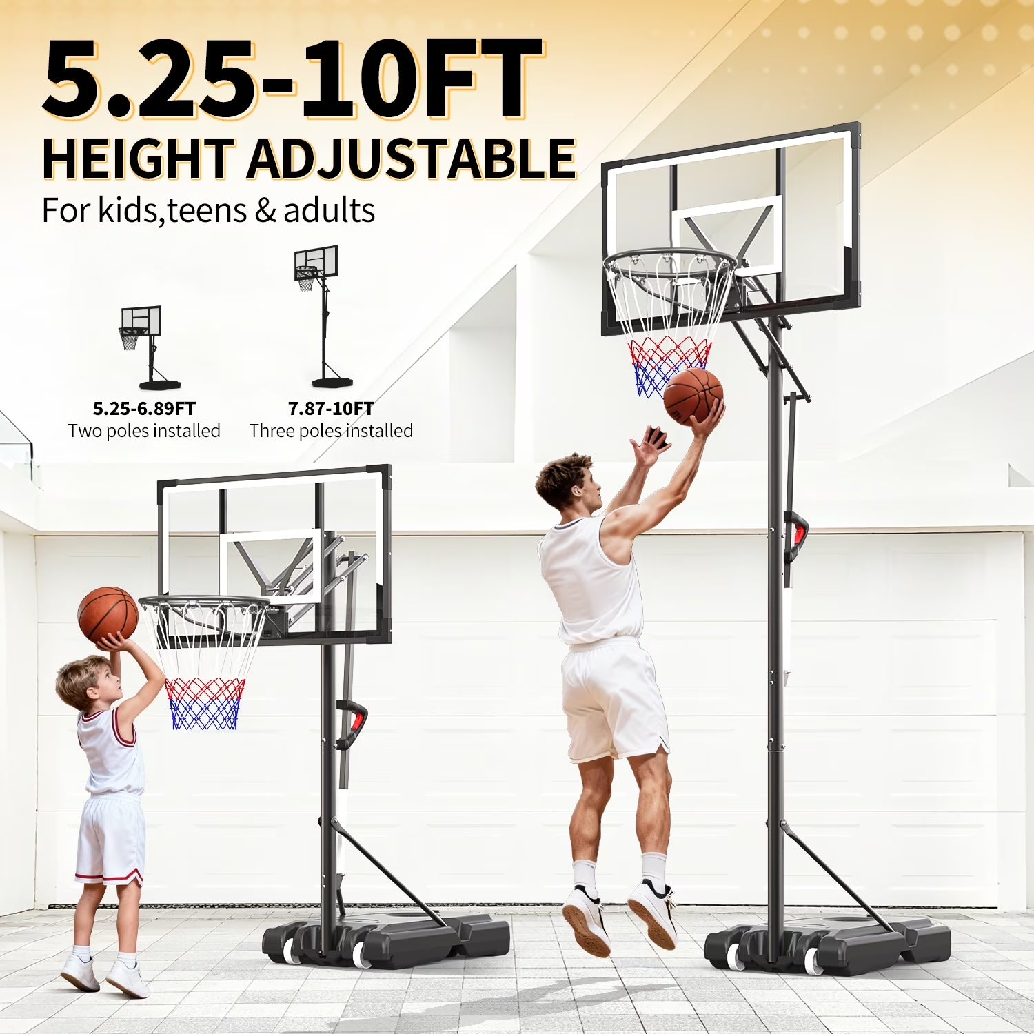 44" Portable Basketball Hoop with Shatter-Proof Polycarbonate Backboard, 5.25-10Ft Height Adjustable Basketball Goal, Indoor/Outdoor Use