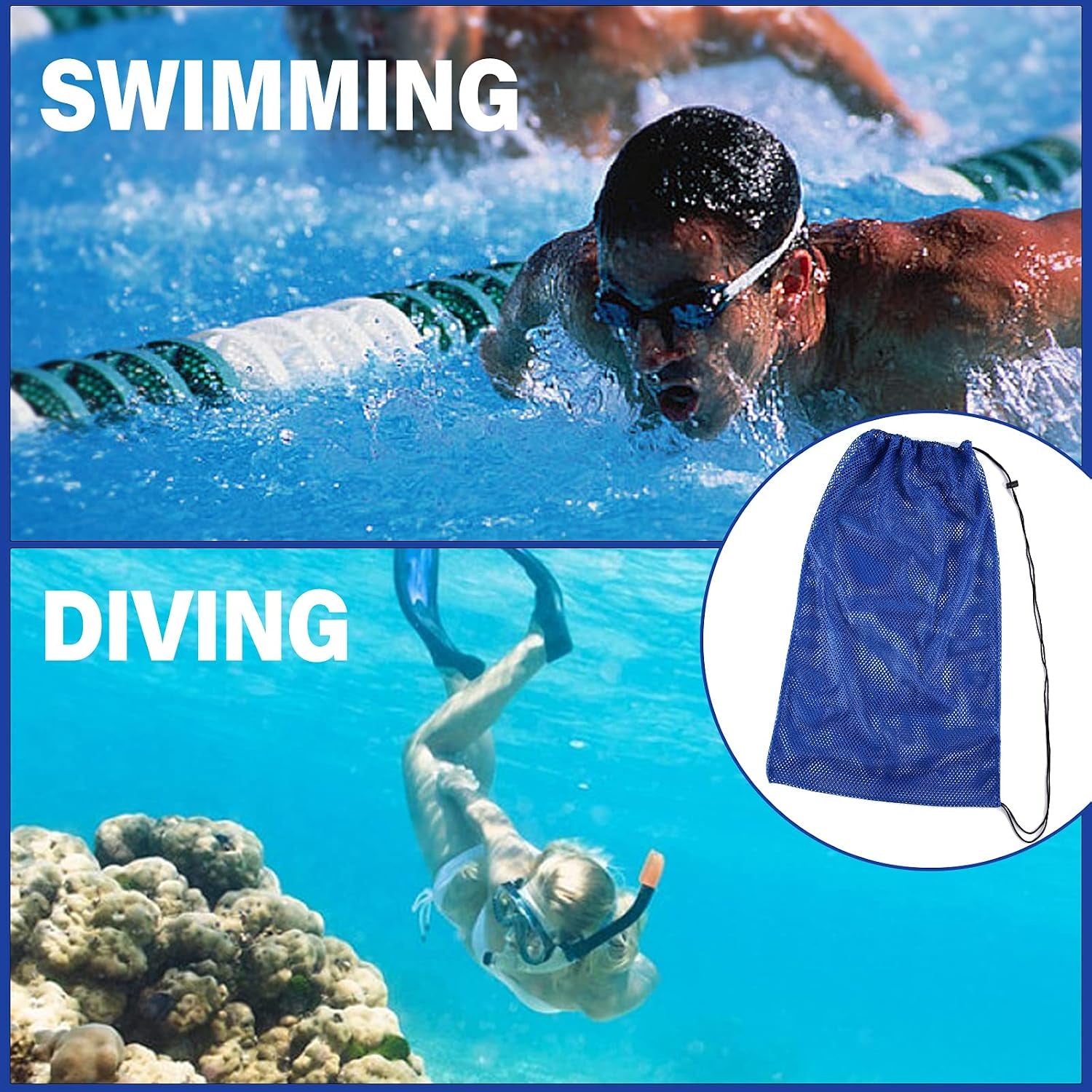 2 Packs Mesh Gear Bag for Snorkel Equipment, Oversized 18" X 27" Mesh Dive Bag Scuba Diving Snorkel Backpack for Snorkeling, Fins, Swimming Gear, Beach and Sports Equipment (Black & Blue)