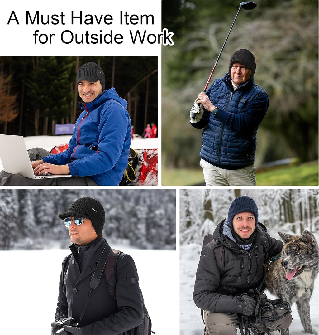 Winter Beanie with Brim & Ear Flaps, Fleece Lined Hat for Men Women | Ultra Soft Warm Extended Fleece, Stretchy Fit, Shields Sun/Rain/Snow, Cold Weather Gifts for Golf, Hiking, Daily Outdoor Work