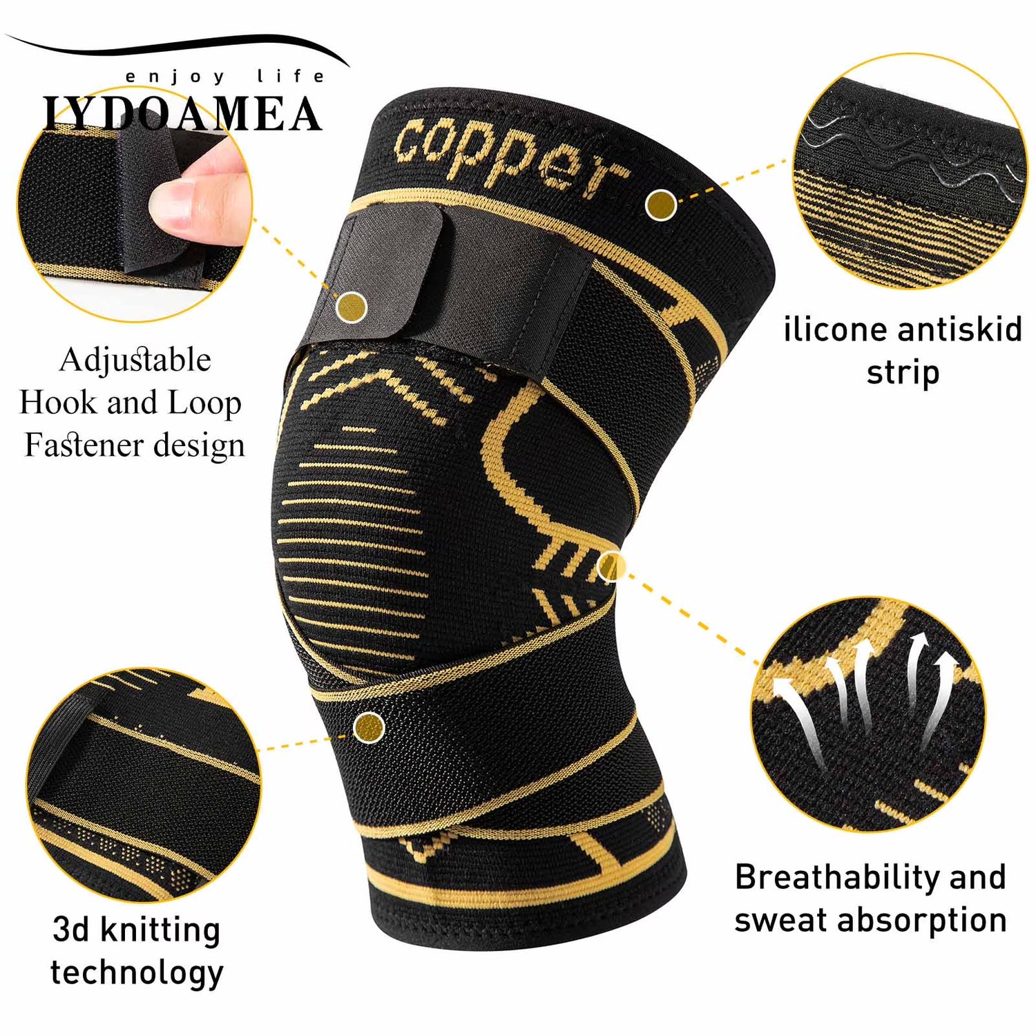 Adjustable Copper Knee Braces, Black, Size 5XL