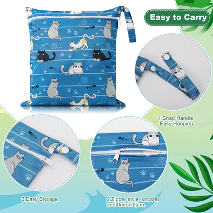 3 Pack Wet Dry Bags, Mess Proof and Waterproof Travel Bags, Diaper Bags with Cartoon Print for Baby, Dinosaur, Cat,11.8"X11" Reusable Storage Bags for Daycare,Travel,Swimming