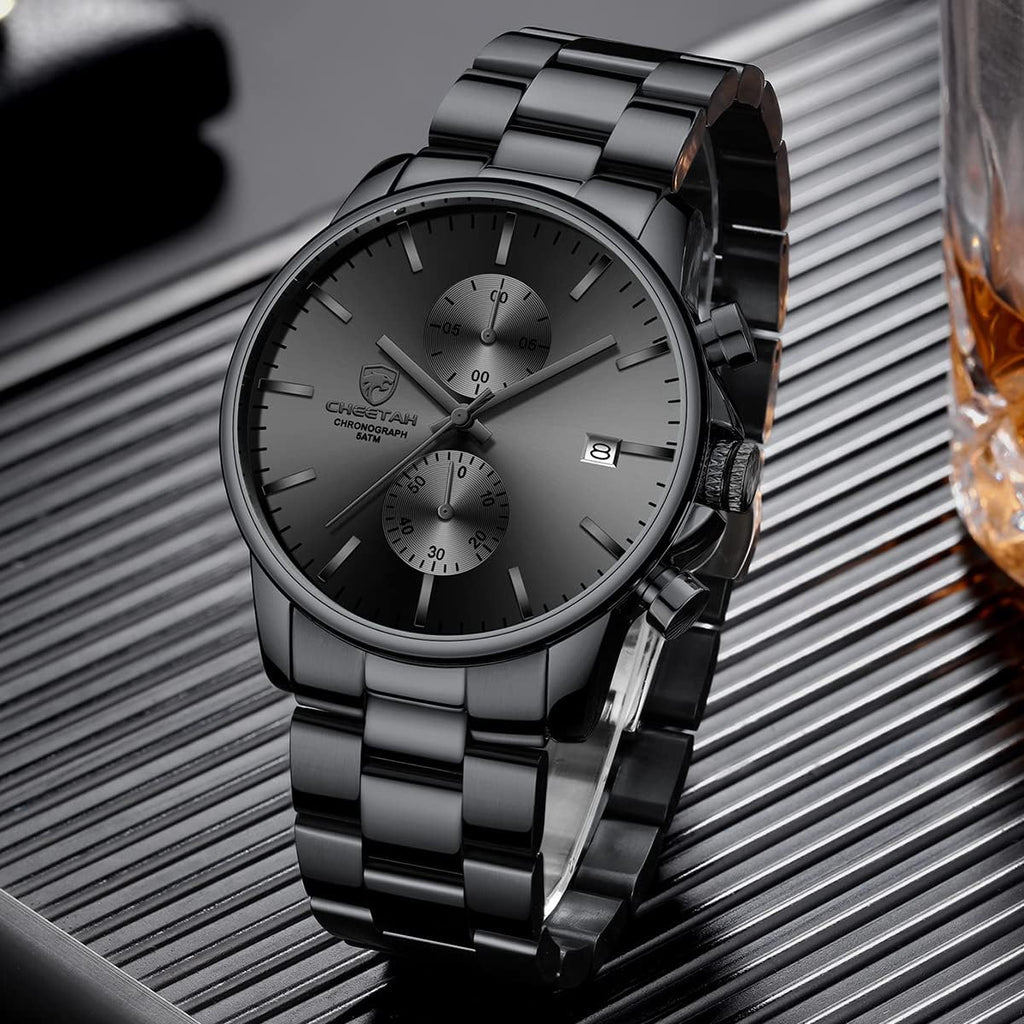 Fashion Business Mens Watches with Stainless Steel Waterproof Chronograph Quartz Watch for Men, Auto Date
