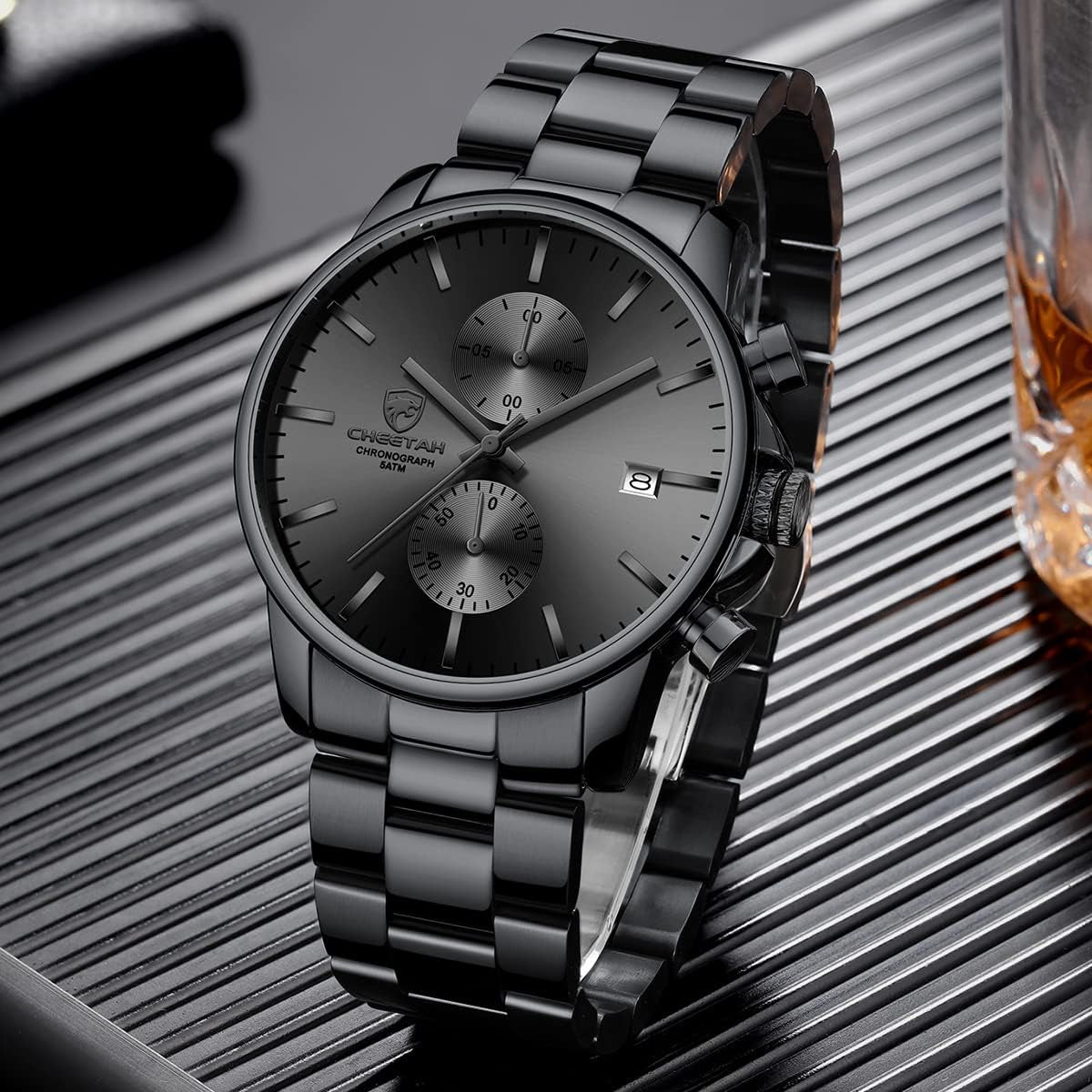 Fashion Business Mens Watches with Stainless Steel Waterproof Chronograph Quartz Watch for Men, Auto Date