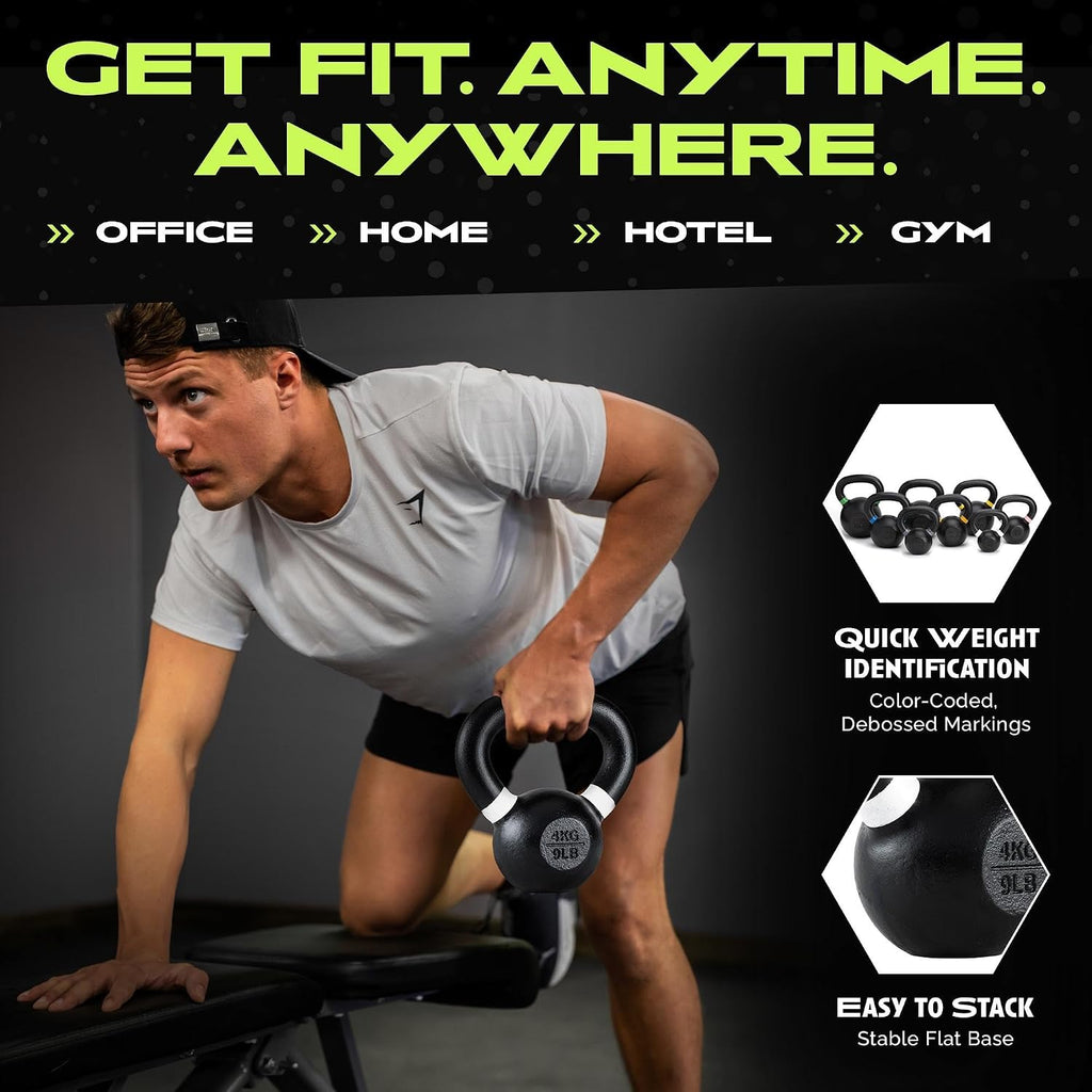 Single Cast Iron Kettlebell, Wide Handle Powder Coated - Core/Glute Workout