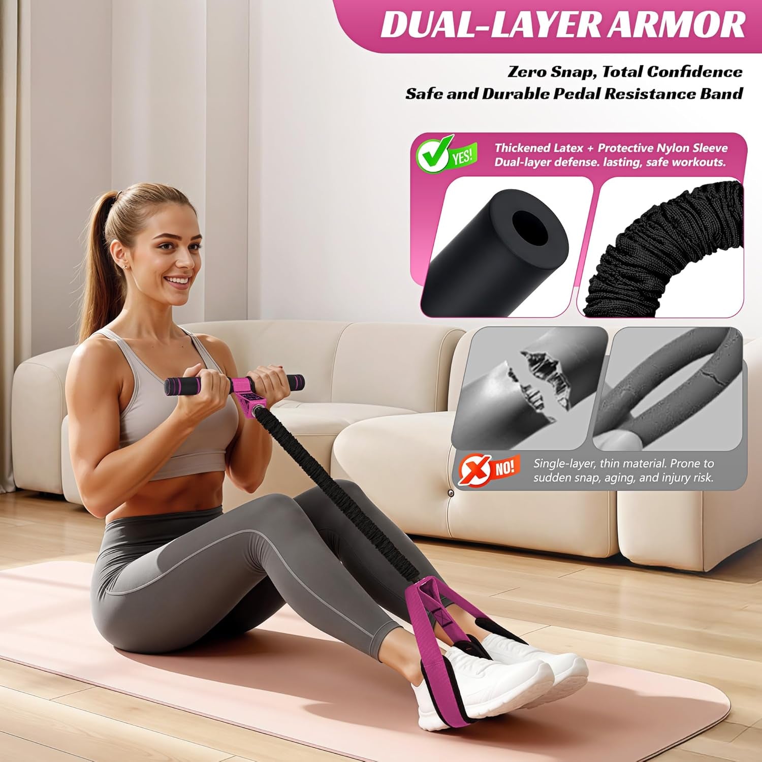 Multifunction Pedal Resistance Band with Handle, 50LBS Foot Pedal Resistance Bands for Core/Abs, Arm, Waist, Abdomen, Leg Workout, Portable Sit up Exercise Equipment for Women