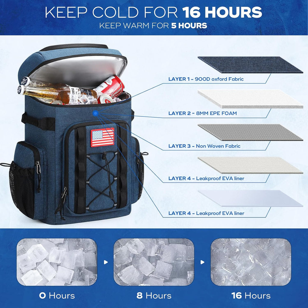 35/50 Can Insulated Backpack Cooler, Leakproof Soft Lunch Ice Bag | Keeps Food Cold for 16H, Peva Liner, Durable Nylon, Ergonomic Padding. Perfect for Men, Women, Camping, Beach, Hiking, Travel