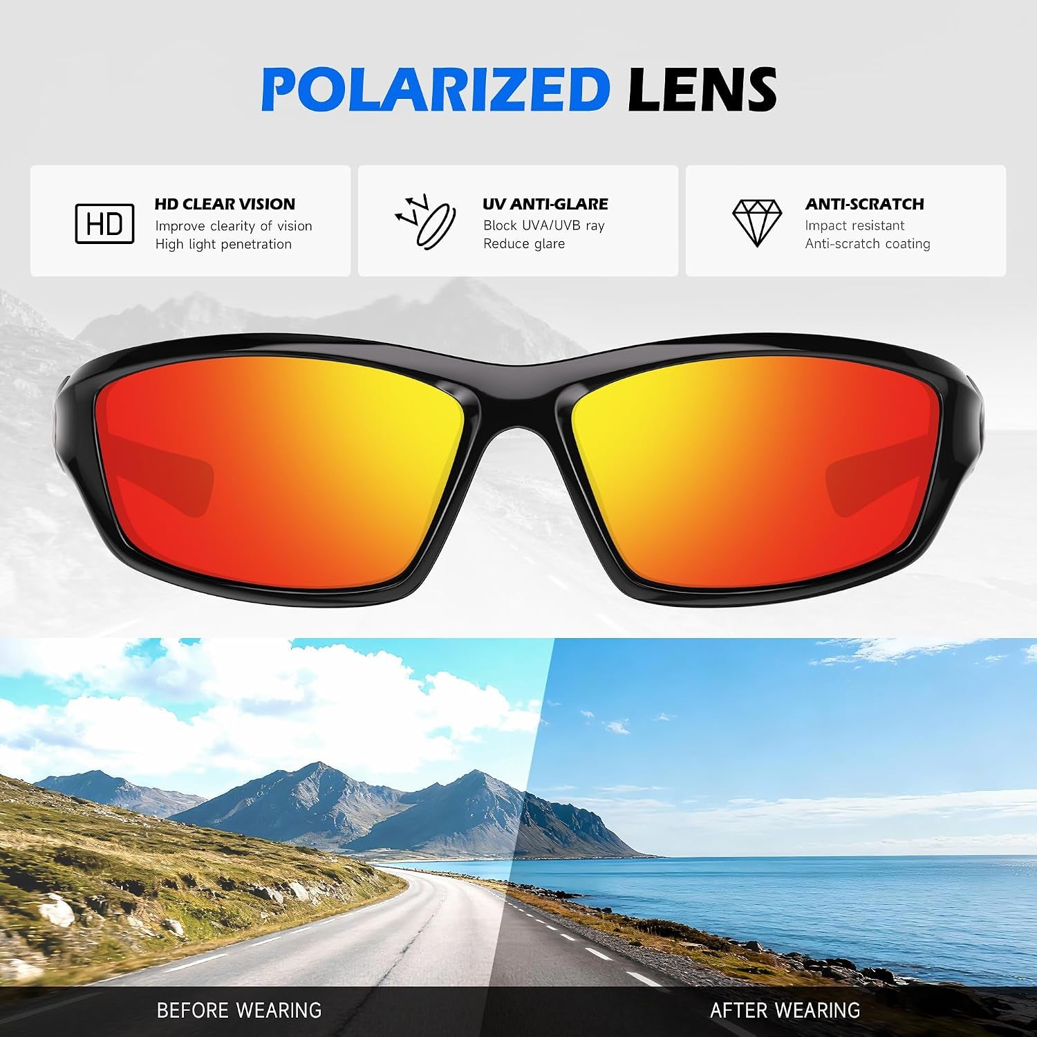 Polarized Sports Sunglasses for Men, Wrap around Mens Sunglasses UV Protection, Cycling Fishing Running Sun Glasses