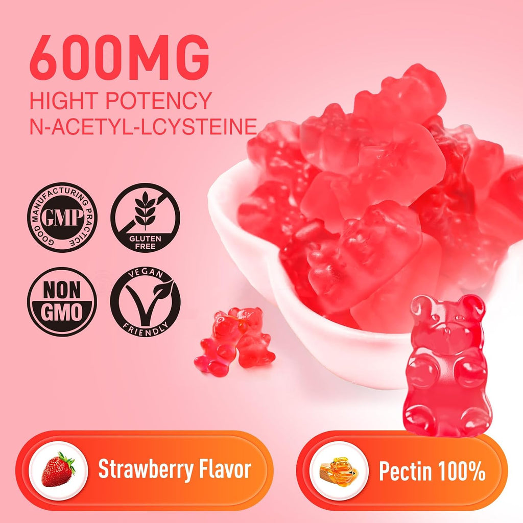 NAC Gummies 600Mg for Kids & Adults, 60Ct | N Acetyl Cysteine Supplement NAC Chewable for Antioxidants & Immune Support, Lung & Liver Health, Natural Strawberry Flavor