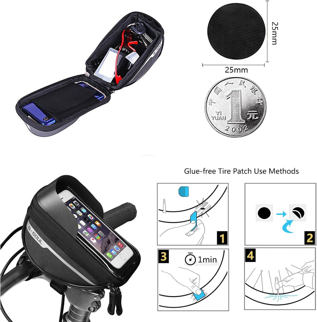 Bike Phone Front Frame Bag, Bicycle Phone Holder, Bike Handlebar Bag | Waterproof, Tube Case, Bicycle Accessories Compatible Cellphone under 7.2”, Cycling Pouch with 6Pcs Glue-Free Tire Patches