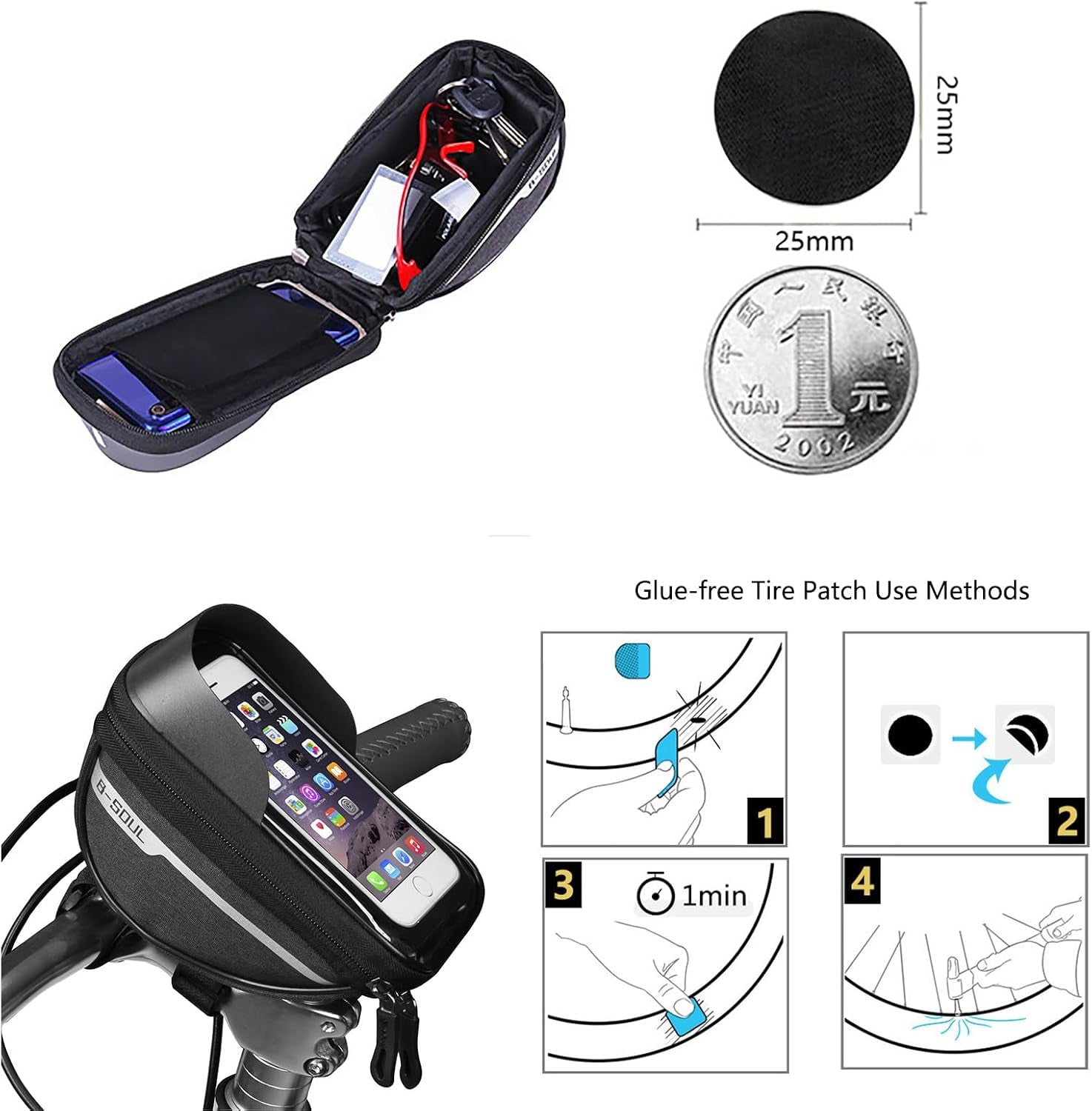 Bike Phone Front Frame Bag, Bicycle Phone Holder, Bike Handlebar Bag | Waterproof, Tube Case, Bicycle Accessories Compatible Cellphone under 7.2”, Cycling Pouch with 6Pcs Glue-Free Tire Patches