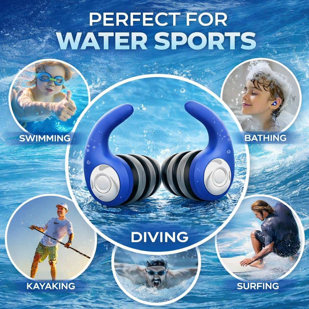 Waterproof Swimming Ear Plugs for Adults Kids, 3 Pairs Reusable Silicone | Reusable Swim Earplugs for Pools, Surfing, Diving, Showering and Water Sports, Keep Water Out and Ear Protection