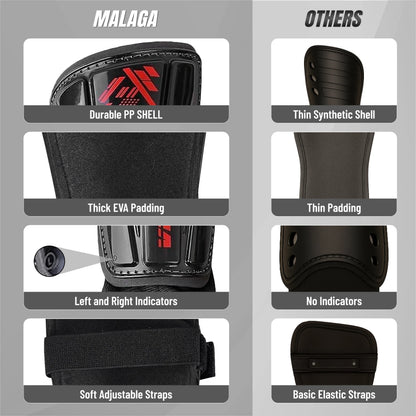 Malaga Shin Guards with Ankle Protection for Kids, Youth, and Adults | Lightweight Soccer Pads for Boys and Girls Ages 3+ - BLACK/RED, M
