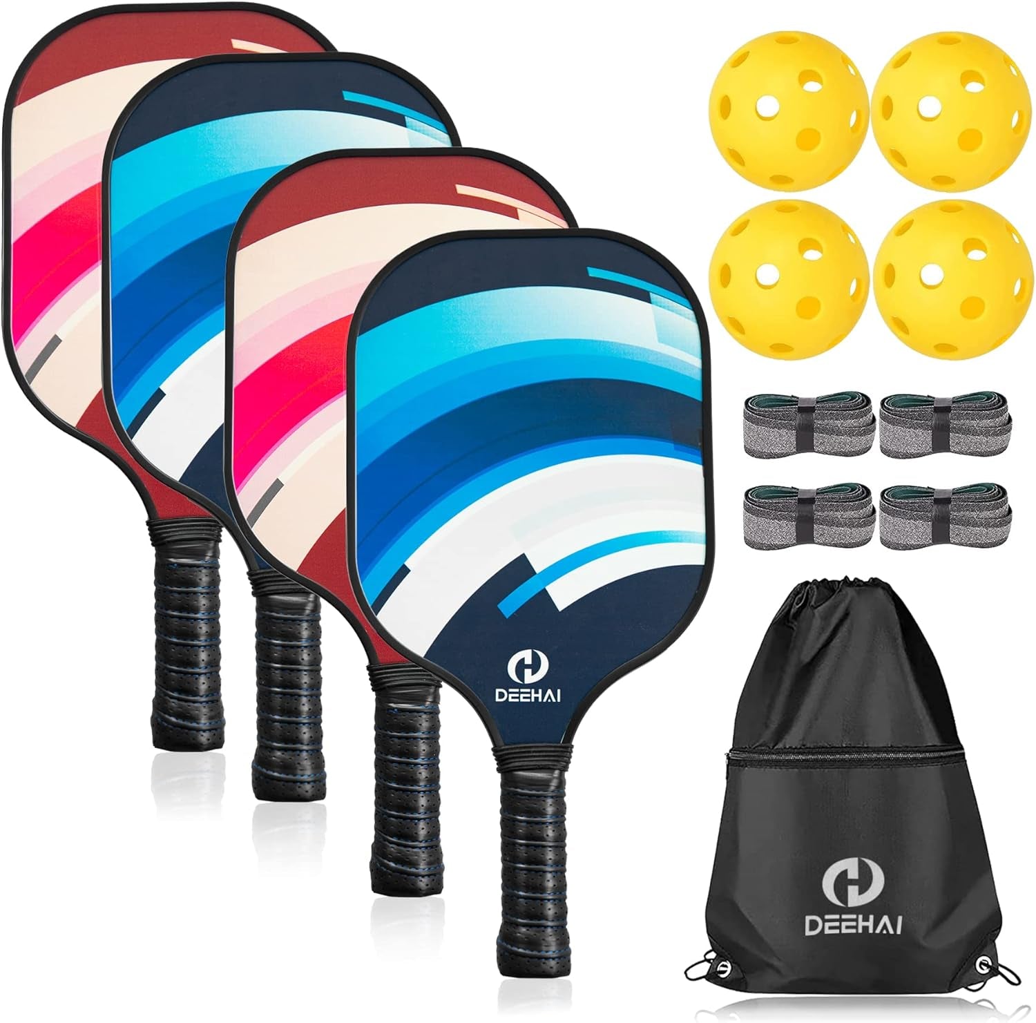 Pickleball Paddles Pickleball Set Pickleball Rackets, Quiet Pickleball Raquette Set of 4 with 1 Portable Pickleball Bag, 4 Pickleball Balls &amp; 4 Grip Tapes, Polypropylene Honeycomb Core